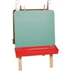Chalk board easel with a red chalk holder on the bottom on a white background