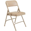 Tan padded folding chair on a white background