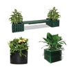 Assortment of planter boxes filled with plants on a white background