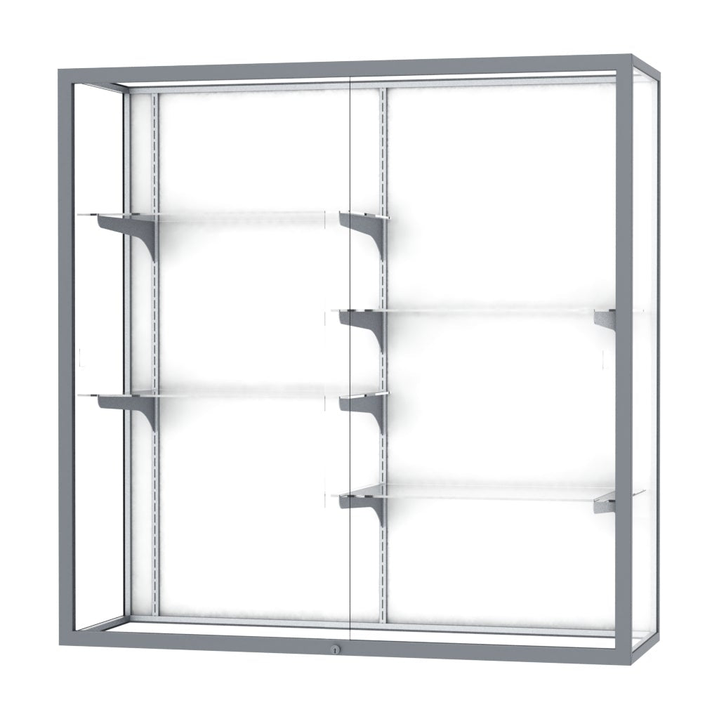 Ghent Champion Wall-Mounted Display Case, White Laminate Back, Aluminum Frame, 4 Shelves, 48"H x 48"W x 16"D