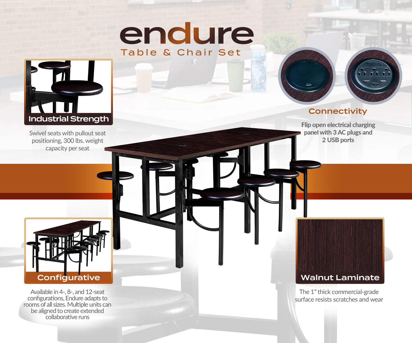 Regency Endure Standing Height Collaborative Table & Chair Set with 8 Pull-Out Stools Walnut Top, Walnut Wood Seats 31.25"W x 96"L x 38"H (REG-9008-WLT-WLT)