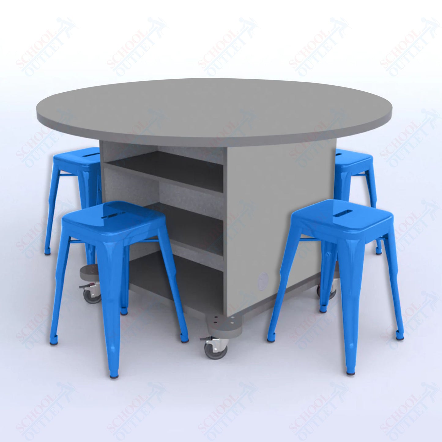 CEF Creation Cube Double-Sided Storage Table - 30"H, High-Pressure Laminate Base and Round Top - 4 Metal Stools Included