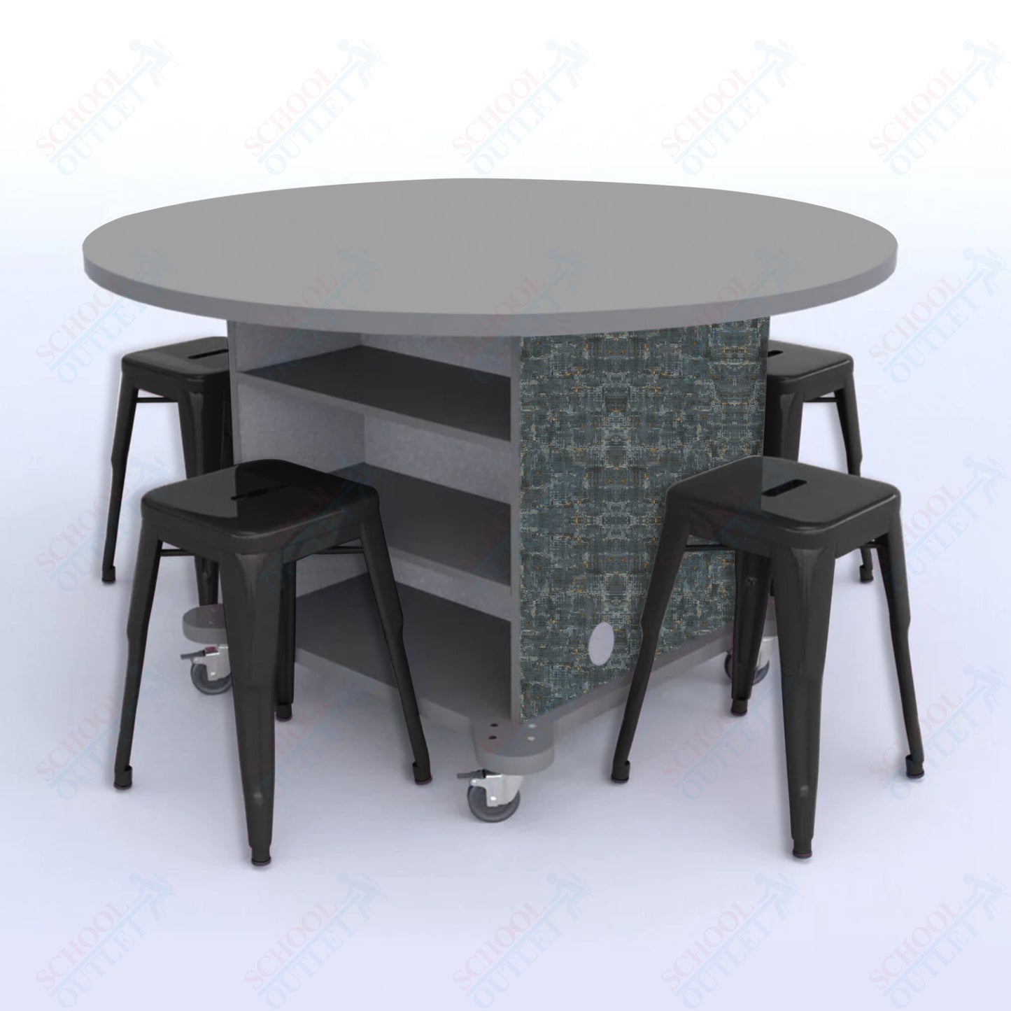 CEF Creation Cube Double-Sided Storage Table - 30"H, High-Pressure Laminate Base and Round Top - 4 Metal Stools Included