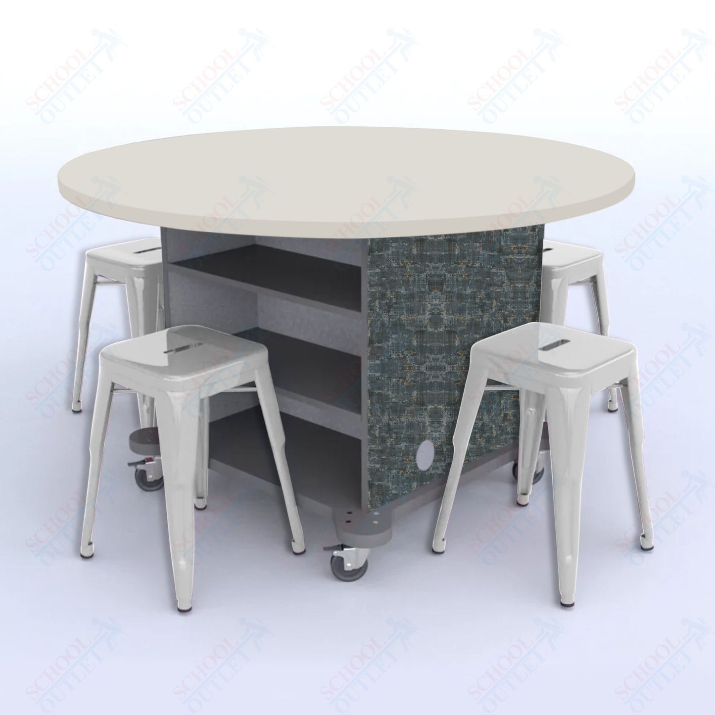 CEF Creation Cube Double-Sided Storage Table - 30"H, High-Pressure Laminate Base and Round Top - 4 Metal Stools Included