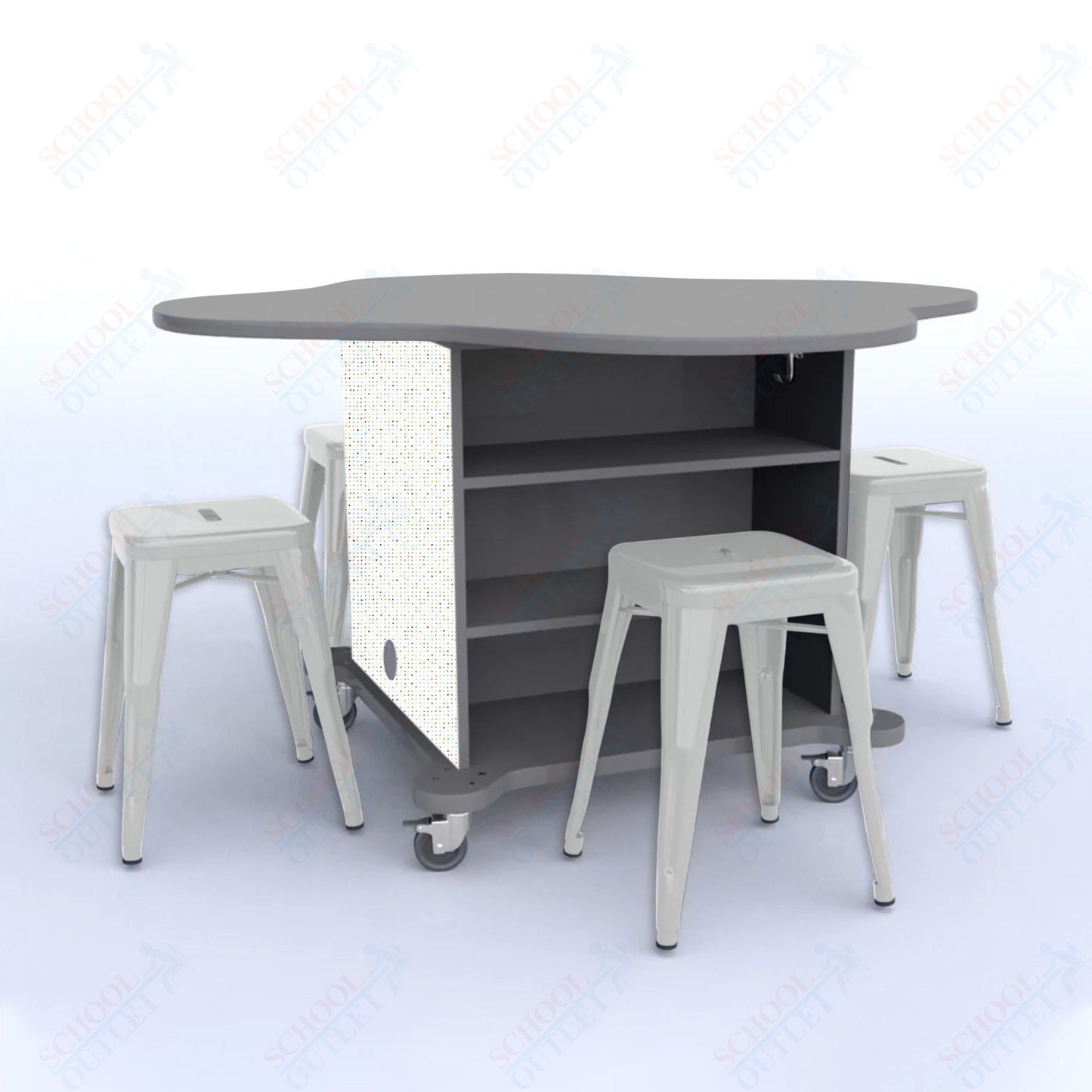 CEF Creation Cube Double-Sided Storage Table - 30"H, High-Pressure Laminate Base and Clover Top - 4 Metal Stools Included