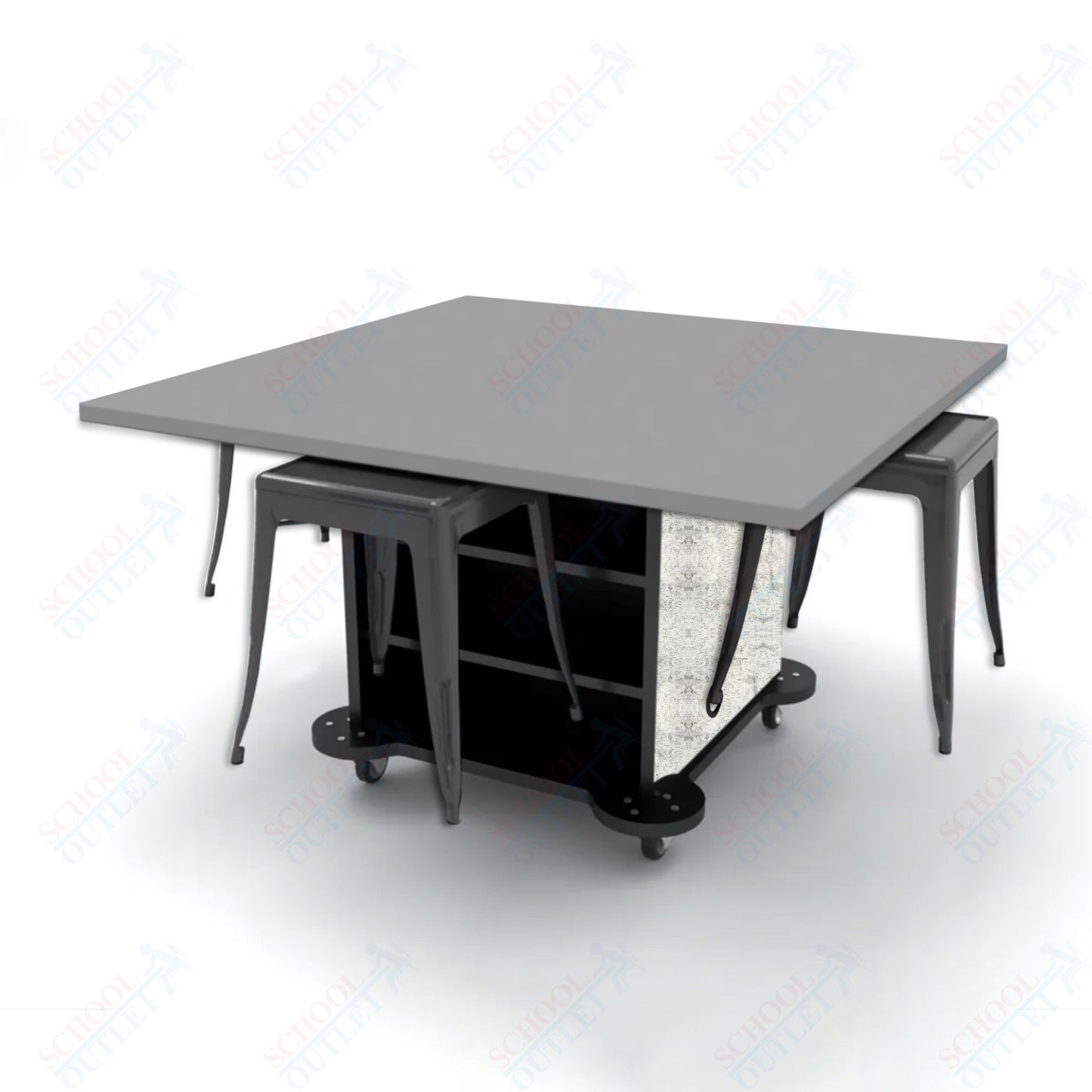 CEF Creation Cube Double-Sided Storage Table - 30"H, High-Pressure Laminate Base and Square Top - 4 Metal Stools Included