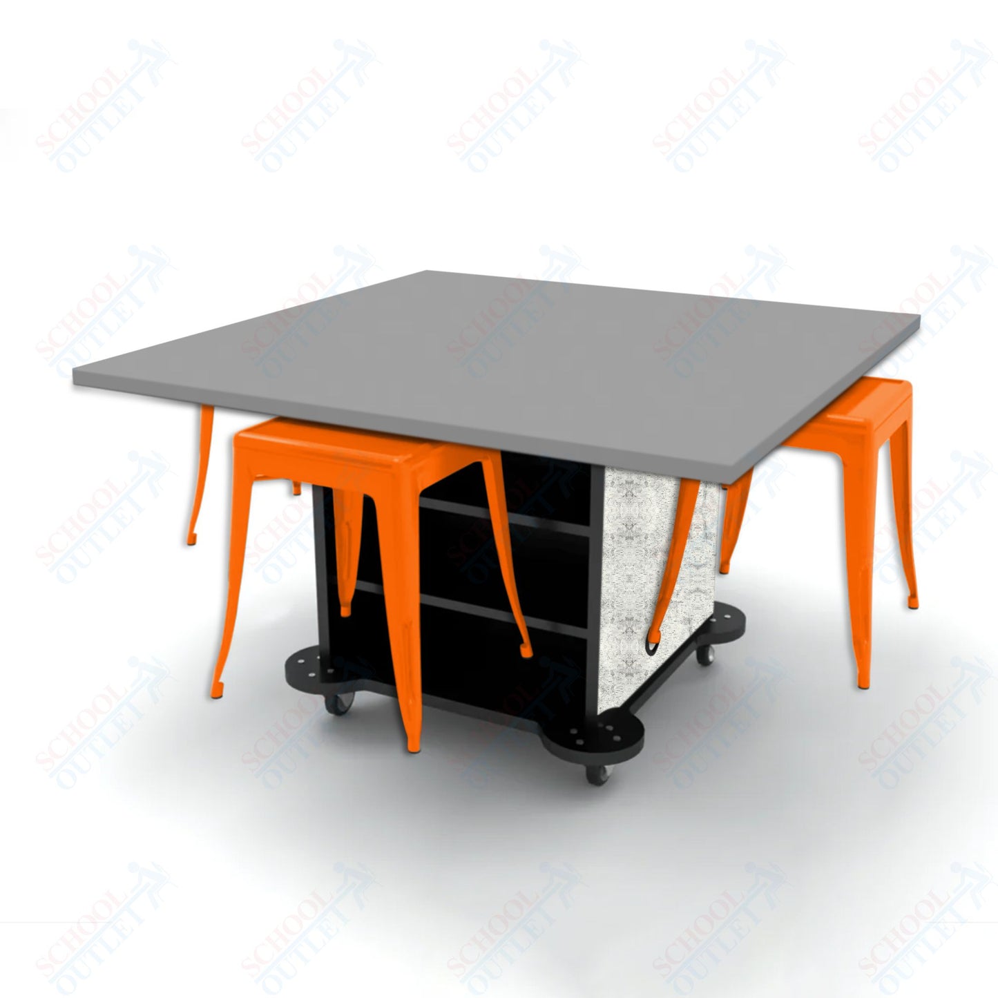 CEF Creation Cube Double-Sided Storage Table - 30"H, High-Pressure Laminate Base and Square Top - 4 Metal Stools Included