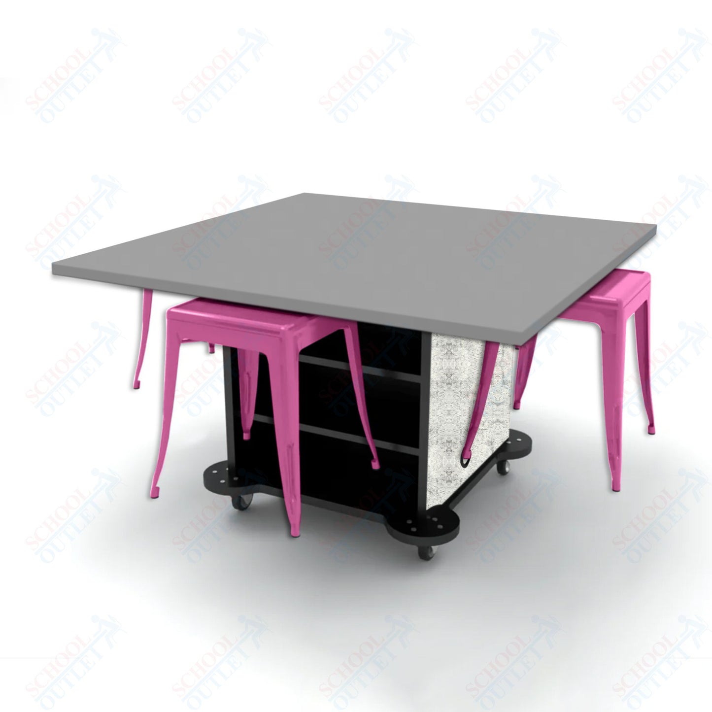 CEF Creation Cube Double-Sided Storage Table - 30"H, High-Pressure Laminate Base and Square Top - 4 Metal Stools Included