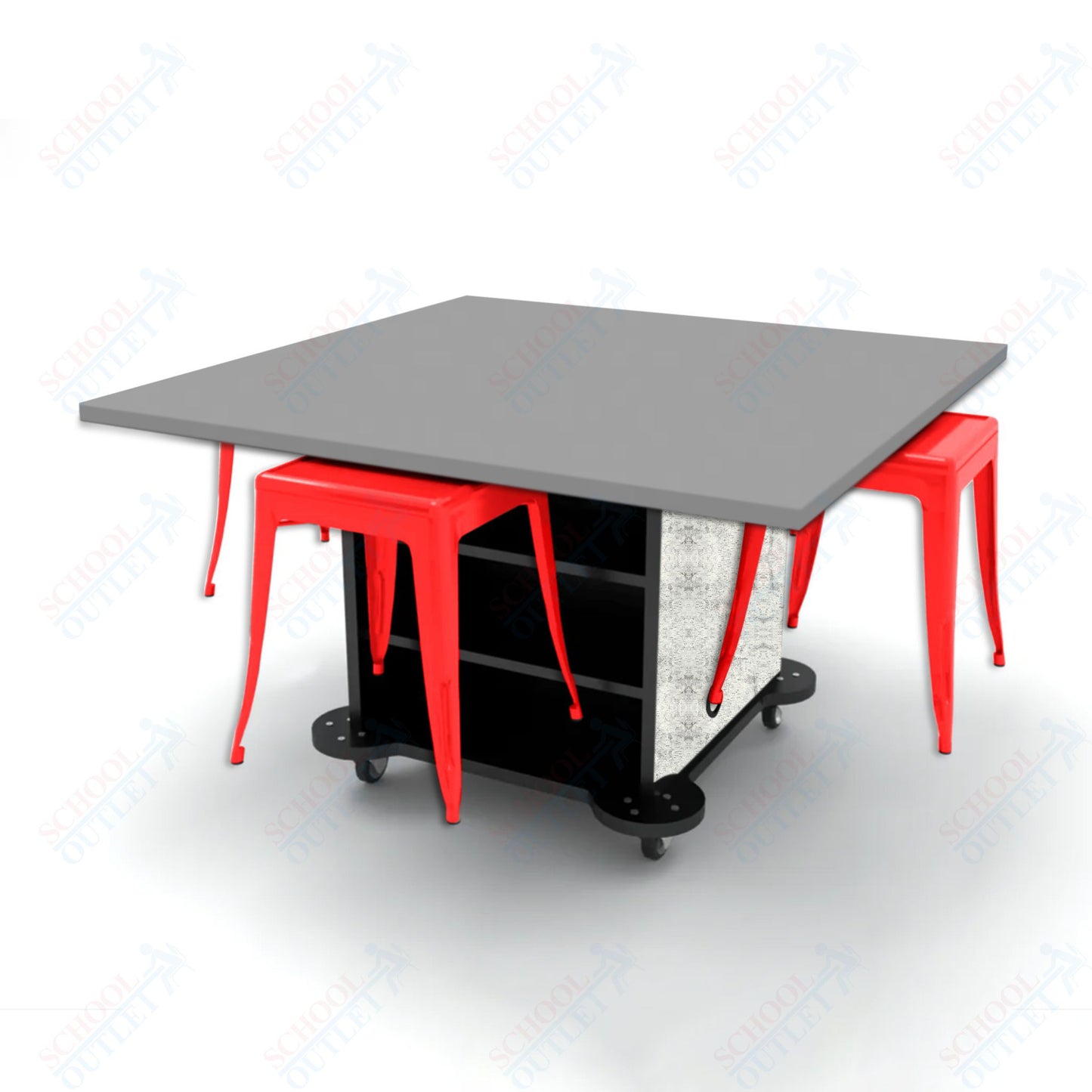 CEF Creation Cube Double-Sided Storage Table - 30"H, High-Pressure Laminate Base and Square Top - 4 Metal Stools Included