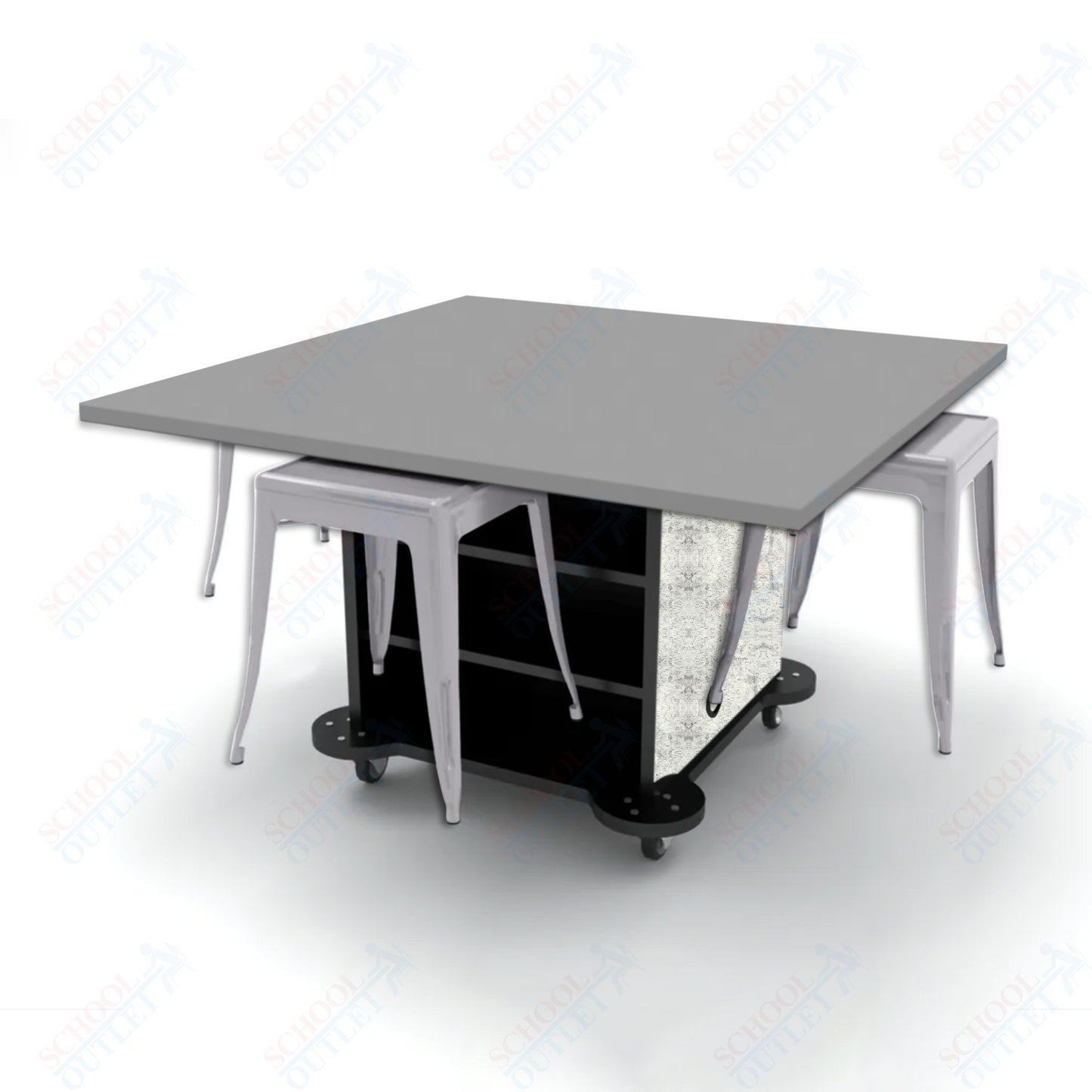 CEF Creation Cube Double-Sided Storage Table - 30"H, High-Pressure Laminate Base and Square Top - 4 Metal Stools Included