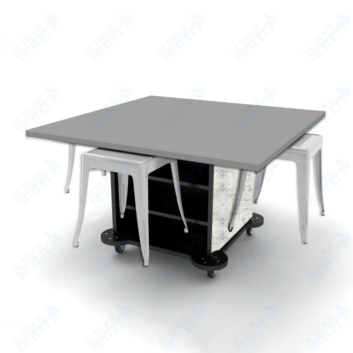 CEF Creation Cube Double-Sided Storage Table - 30"H, High-Pressure Laminate Base and Square Top - 4 Metal Stools Included