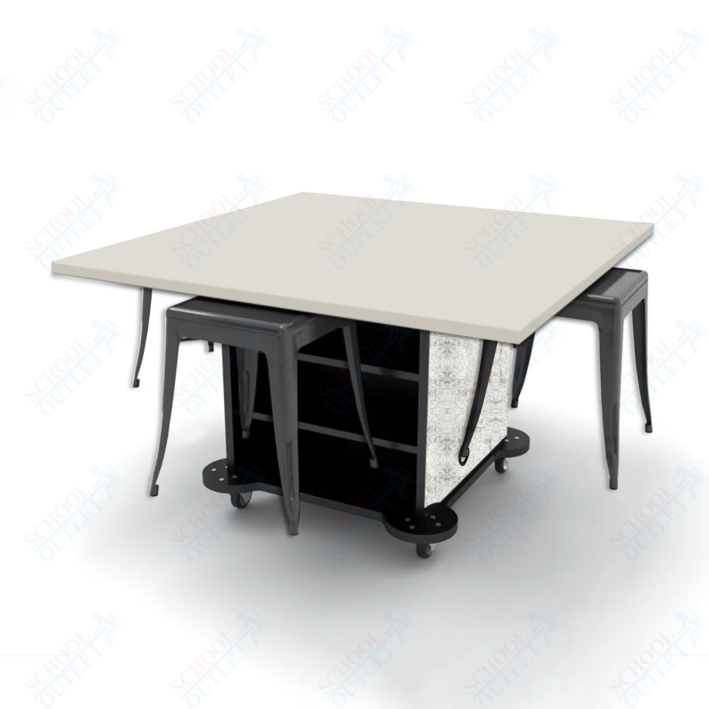 CEF Creation Cube Double-Sided Storage Table - 30"H, High-Pressure Laminate Base and Square Top - 4 Metal Stools Included