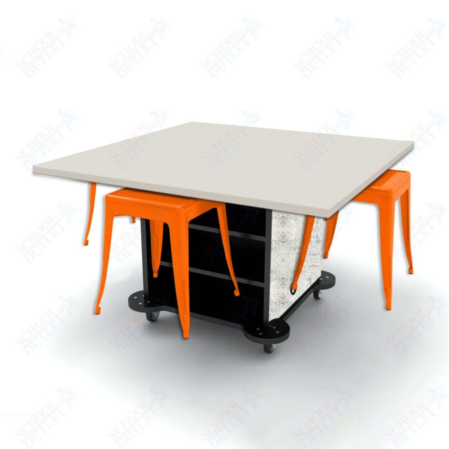 CEF Creation Cube Double-Sided Storage Table - 30"H, High-Pressure Laminate Base and Square Top - 4 Metal Stools Included