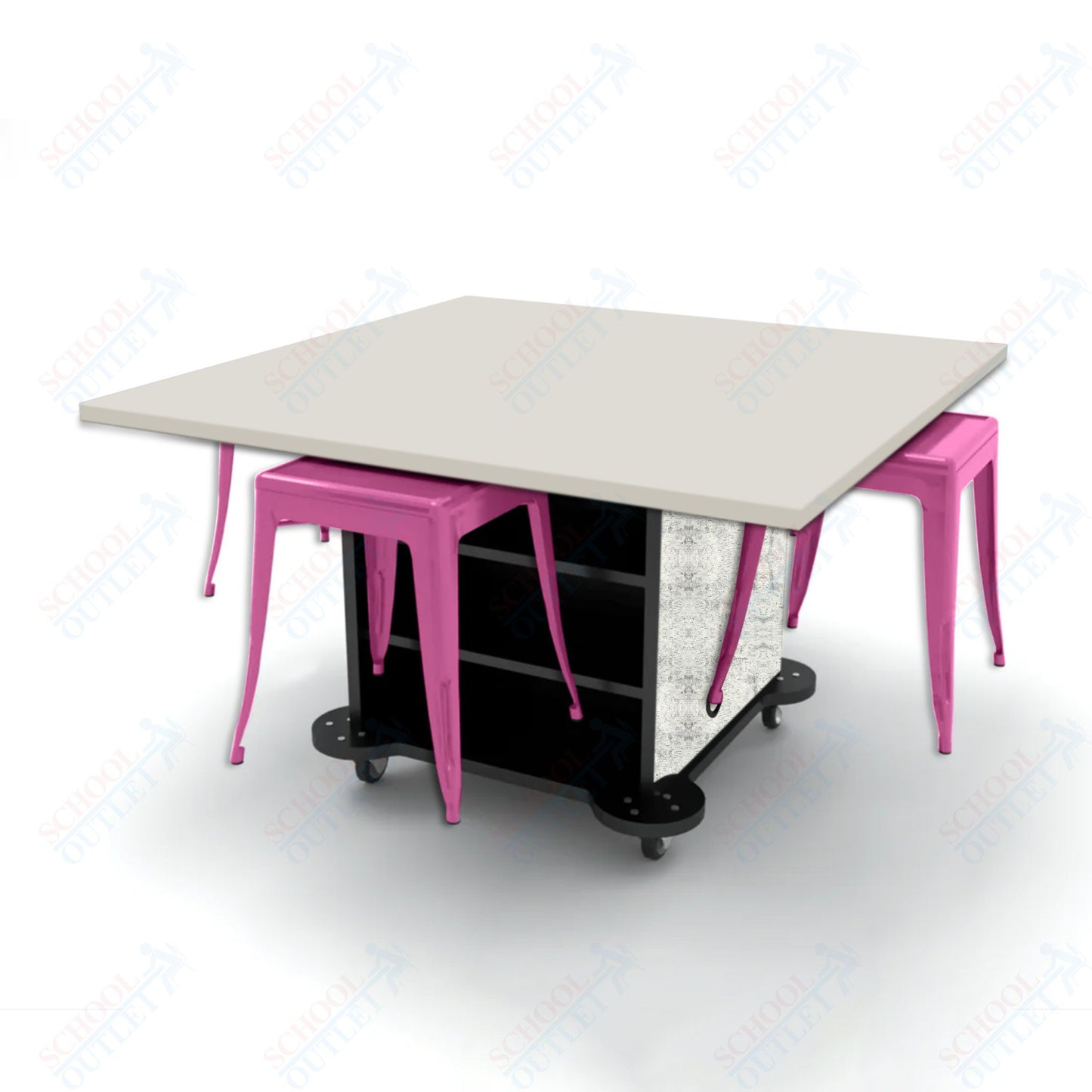 CEF Creation Cube Double-Sided Storage Table - 30"H, High-Pressure Laminate Base and Square Top - 4 Metal Stools Included