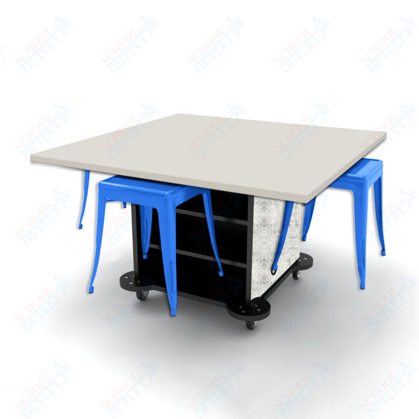 CEF Creation Cube Double-Sided Storage Table - 30"H, High-Pressure Laminate Base and Square Top - 4 Metal Stools Included