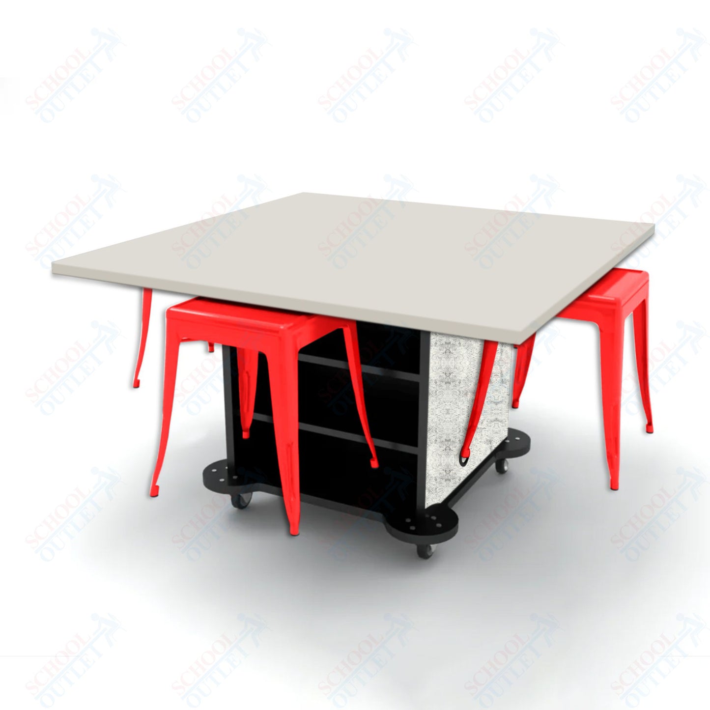 CEF Creation Cube Double-Sided Storage Table - 30"H, High-Pressure Laminate Base and Square Top - 4 Metal Stools Included