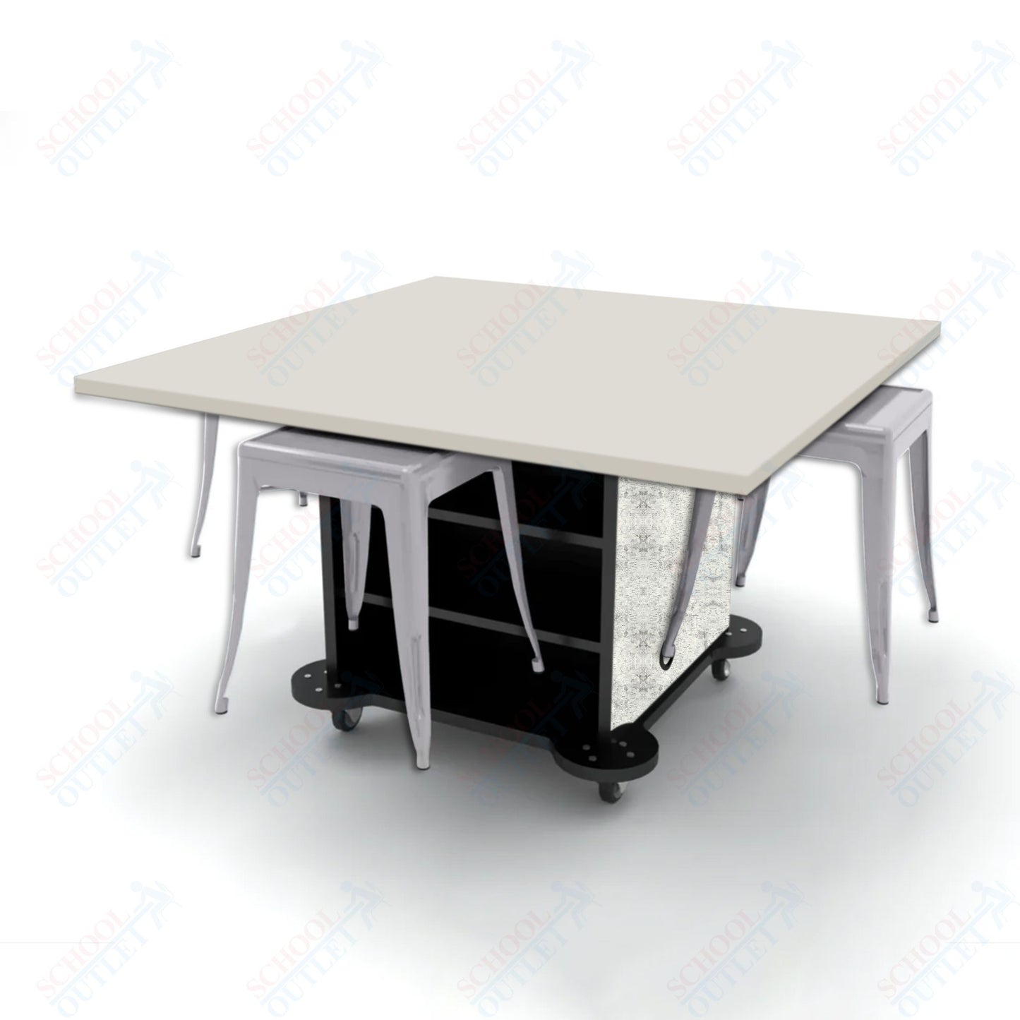 CEF Creation Cube Double-Sided Storage Table - 30"H, High-Pressure Laminate Base and Square Top - 4 Metal Stools Included