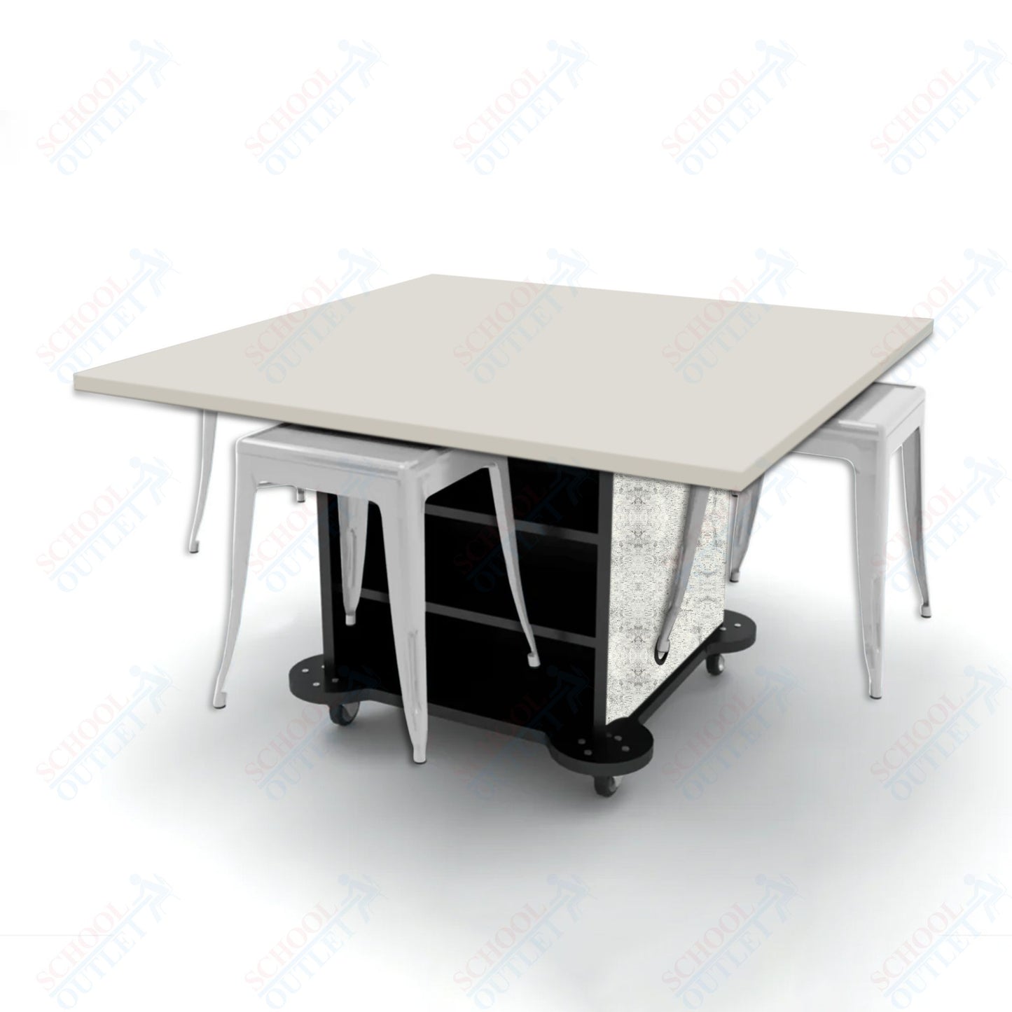 CEF Creation Cube Double-Sided Storage Table - 30"H, High-Pressure Laminate Base and Square Top - 4 Metal Stools Included