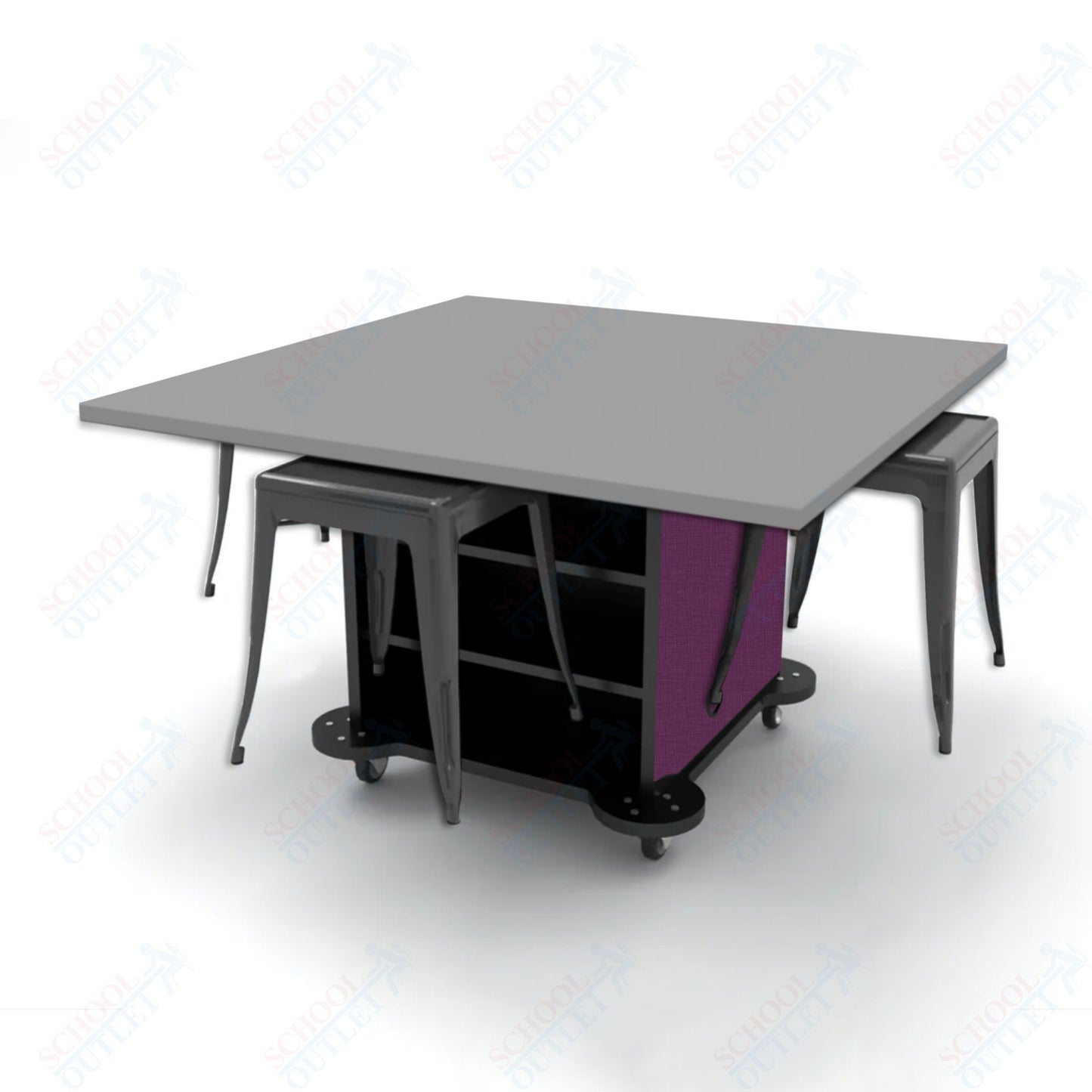 CEF Creation Cube Double-Sided Storage Table - 30"H, High-Pressure Laminate Base and Square Top - 4 Metal Stools Included