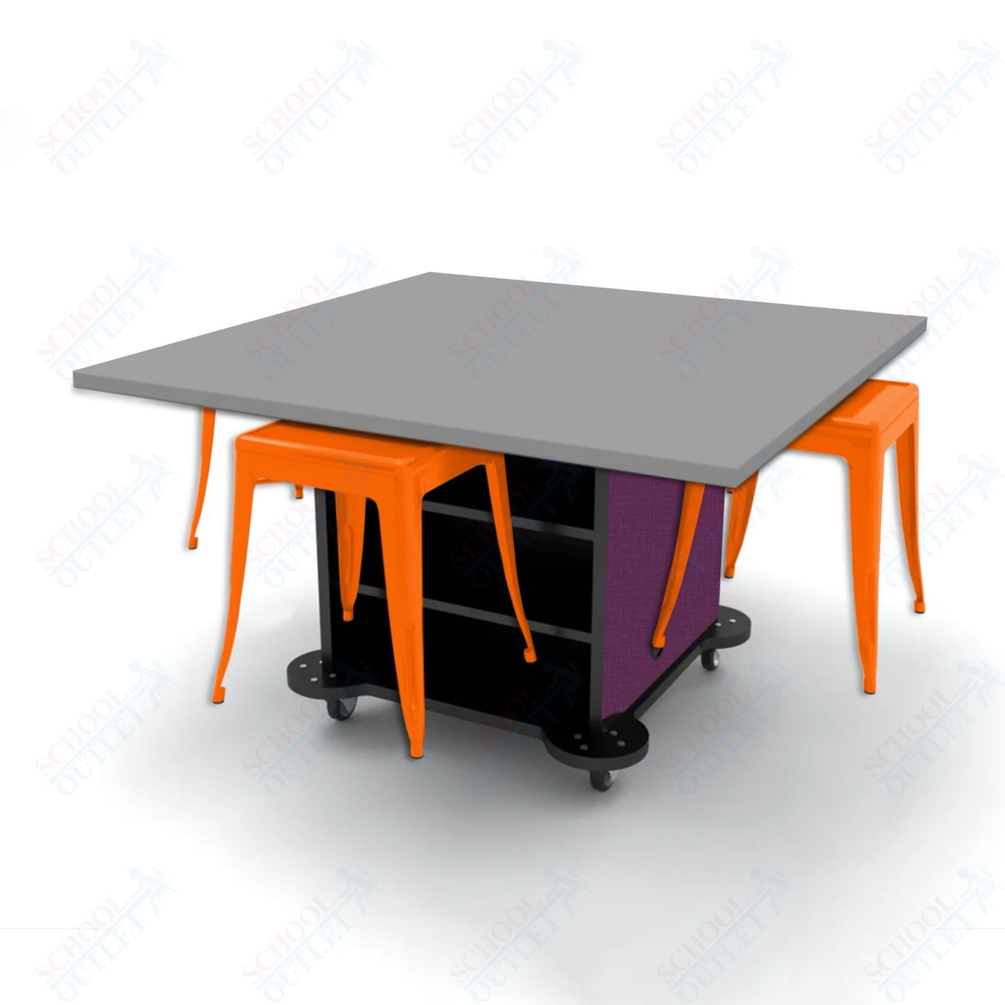 CEF Creation Cube Double-Sided Storage Table - 30"H, High-Pressure Laminate Base and Square Top - 4 Metal Stools Included