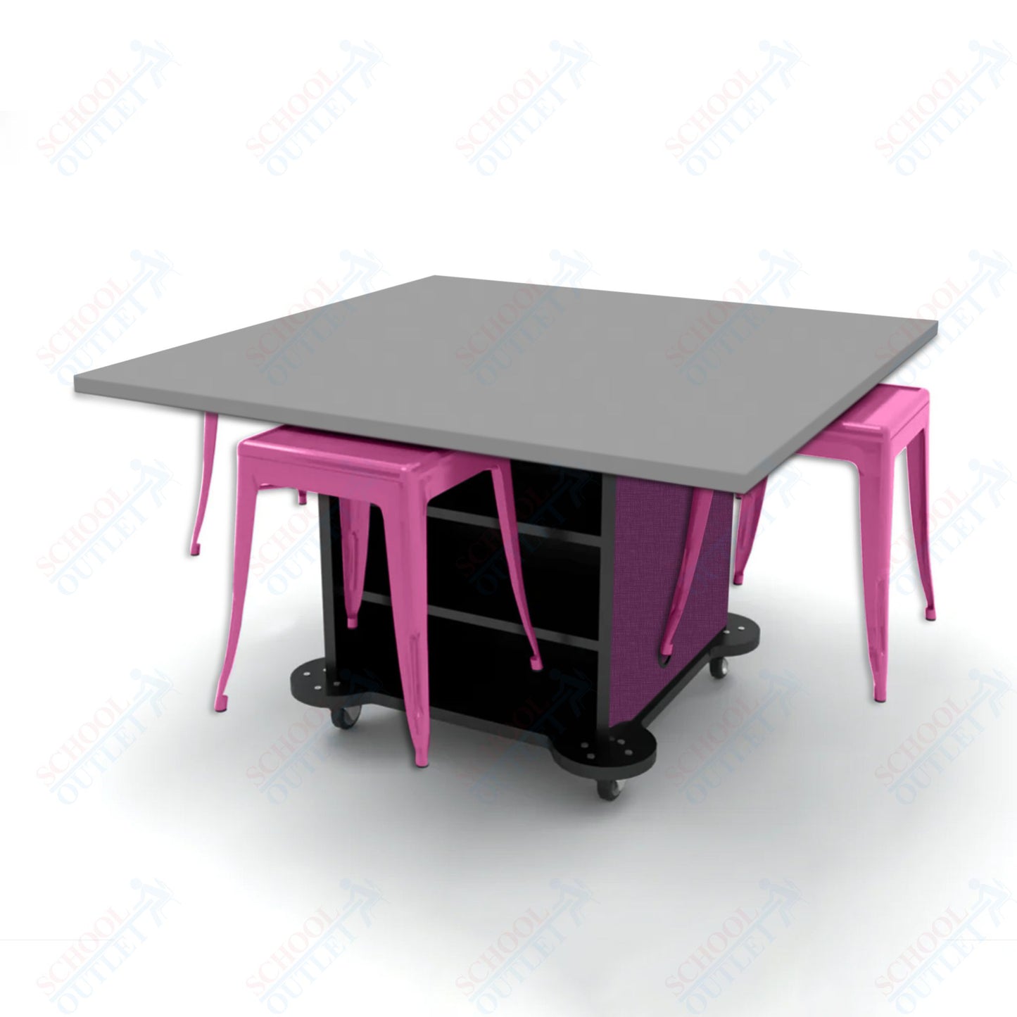 CEF Creation Cube Double-Sided Storage Table - 30"H, High-Pressure Laminate Base and Square Top - 4 Metal Stools Included