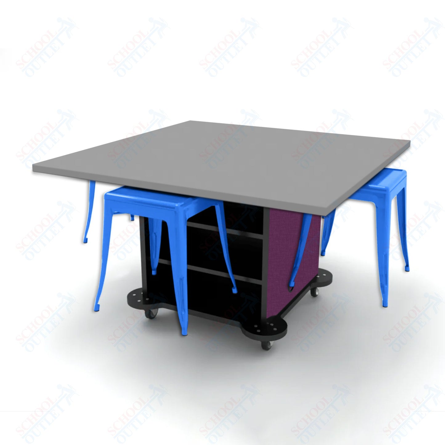 CEF Creation Cube Double-Sided Storage Table - 30"H, High-Pressure Laminate Base and Square Top - 4 Metal Stools Included