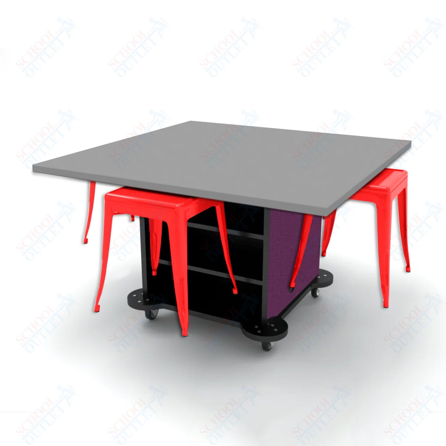 CEF Creation Cube Double-Sided Storage Table - 30"H, High-Pressure Laminate Base and Square Top - 4 Metal Stools Included