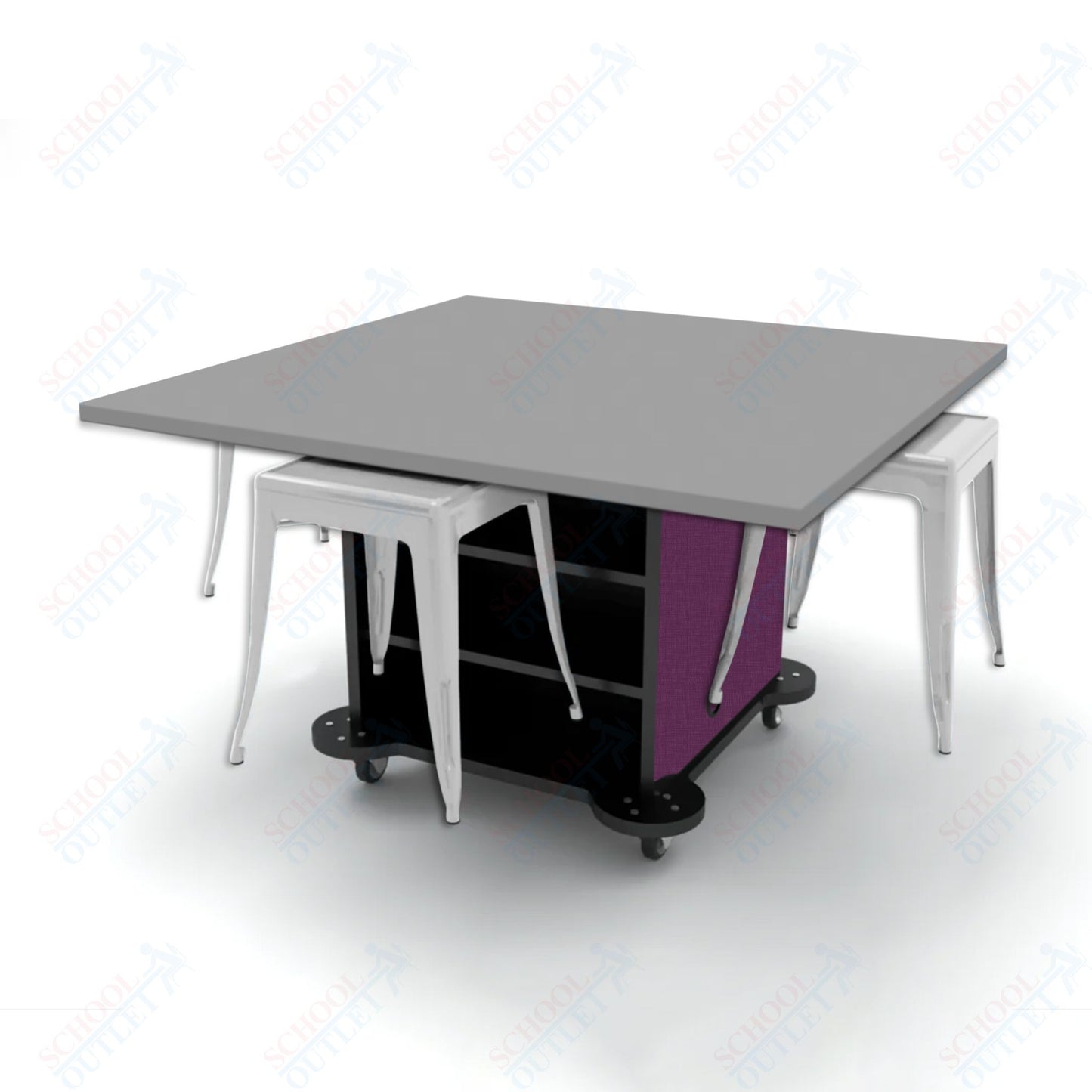 CEF Creation Cube Double-Sided Storage Table - 30"H, High-Pressure Laminate Base and Square Top - 4 Metal Stools Included