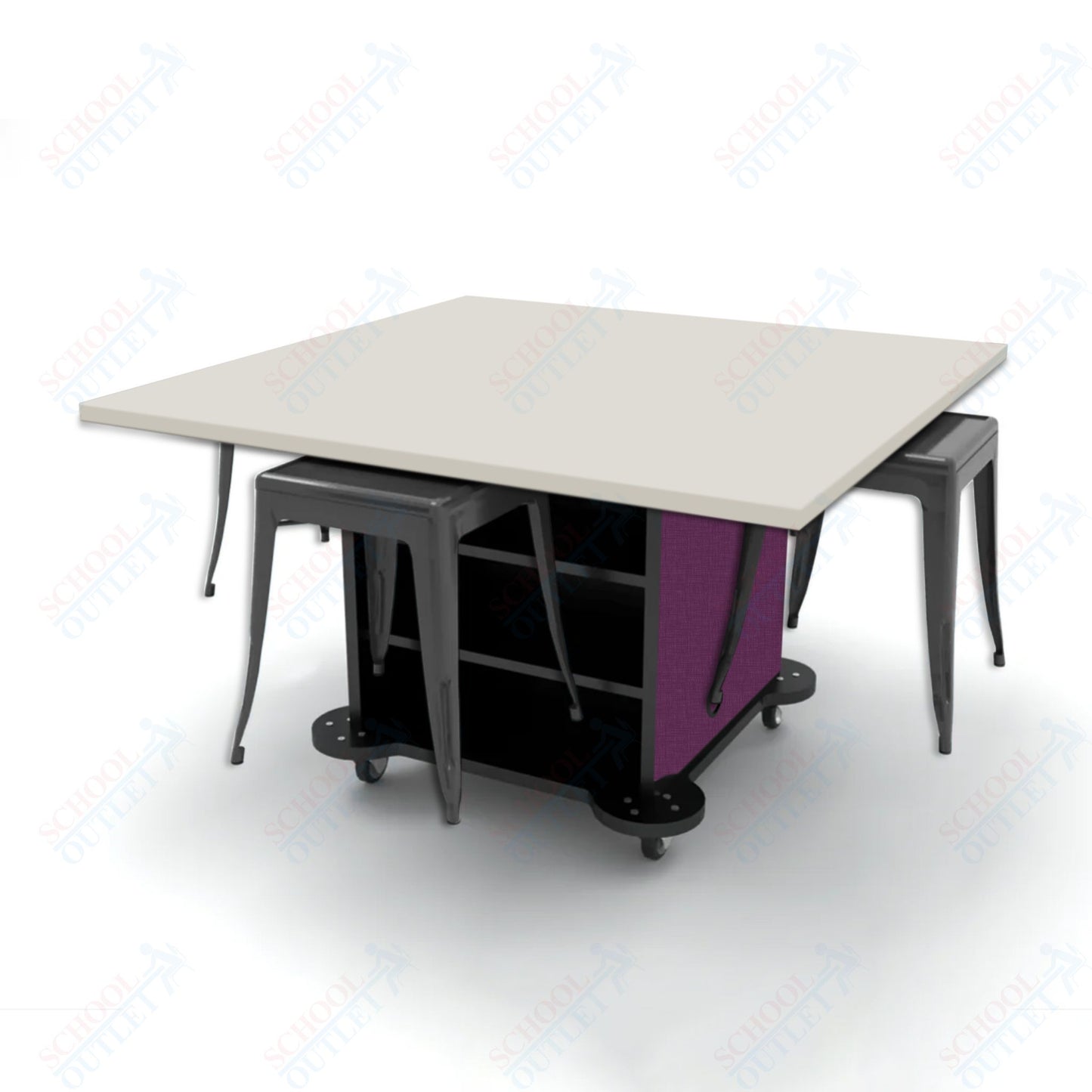 CEF Creation Cube Double-Sided Storage Table - 30"H, High-Pressure Laminate Base and Square Top - 4 Metal Stools Included