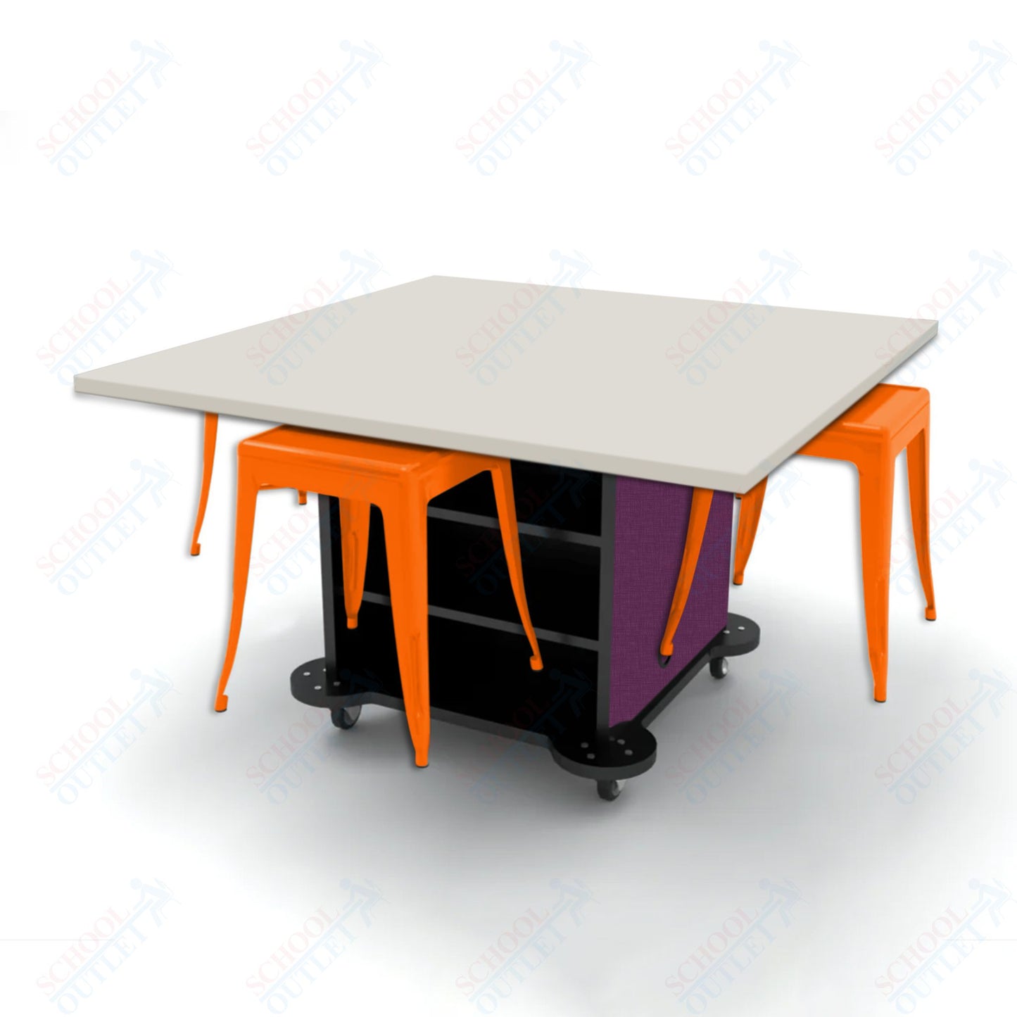 CEF Creation Cube Double-Sided Storage Table - 30"H, High-Pressure Laminate Base and Square Top - 4 Metal Stools Included