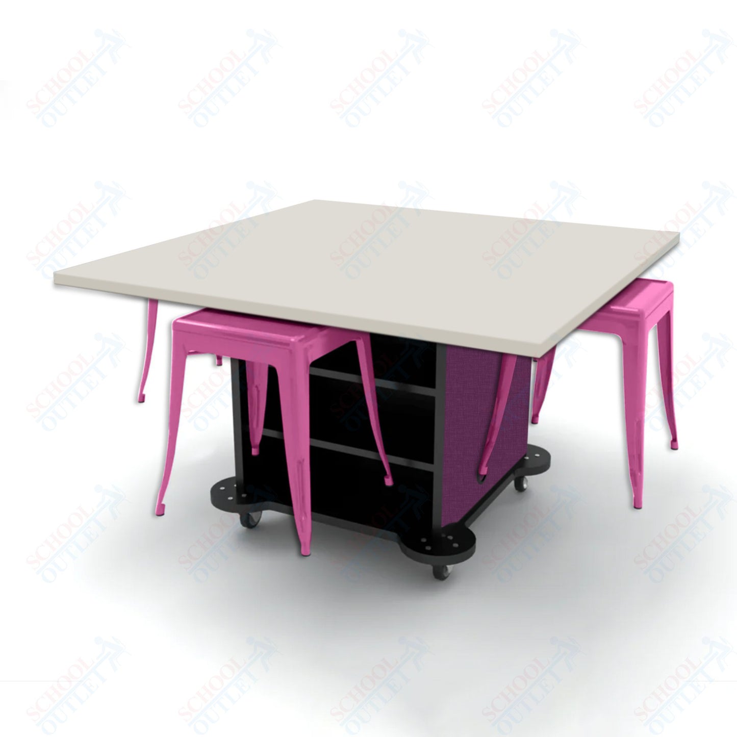 CEF Creation Cube Double-Sided Storage Table - 30"H, High-Pressure Laminate Base and Square Top - 4 Metal Stools Included