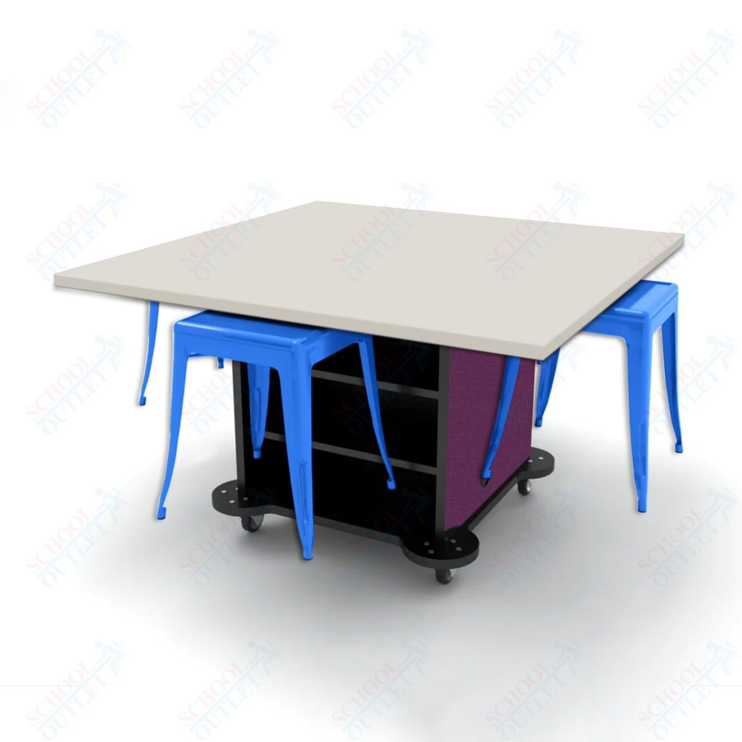 CEF Creation Cube Double-Sided Storage Table - 30"H, High-Pressure Laminate Base and Square Top - 4 Metal Stools Included