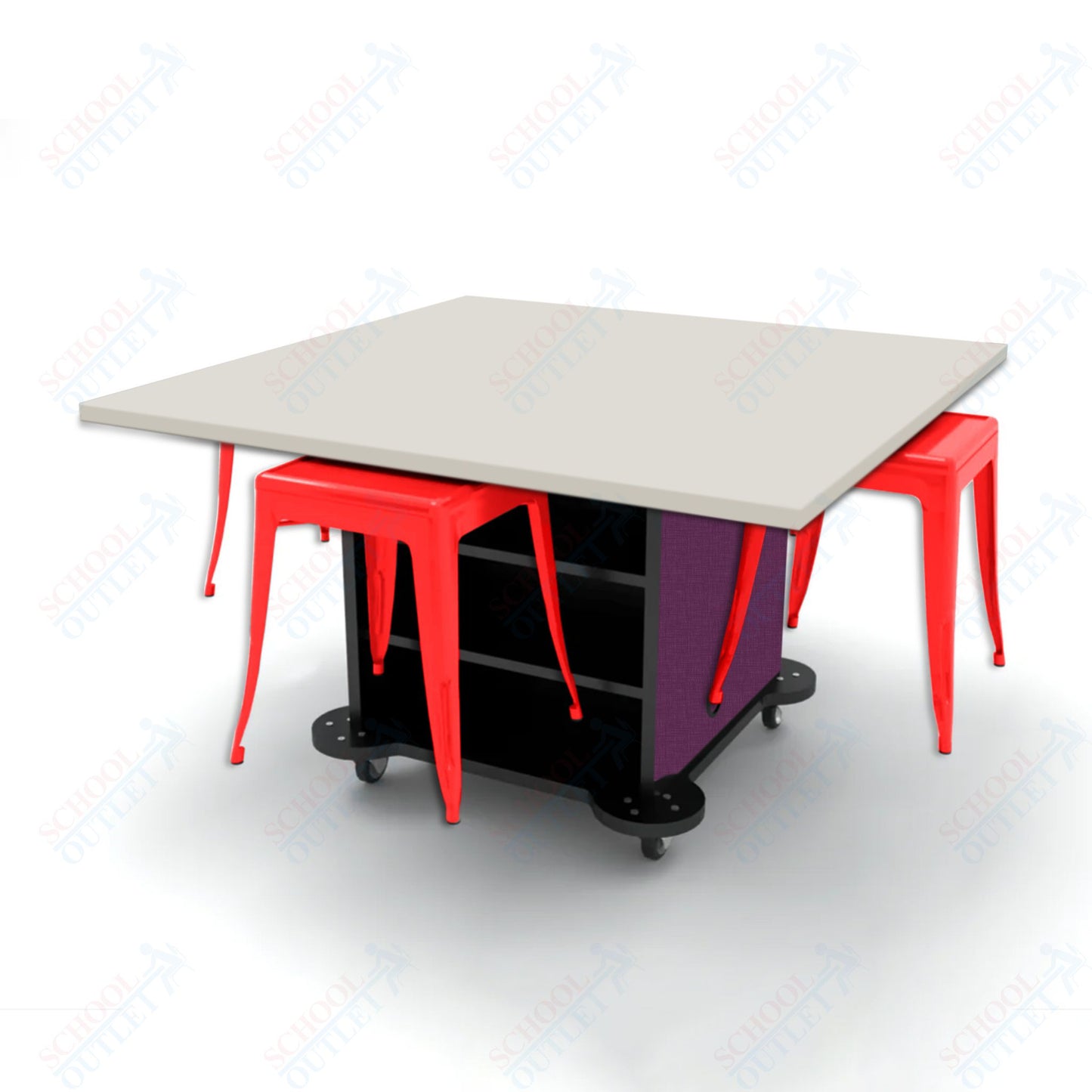 CEF Creation Cube Double-Sided Storage Table - 30"H, High-Pressure Laminate Base and Square Top - 4 Metal Stools Included