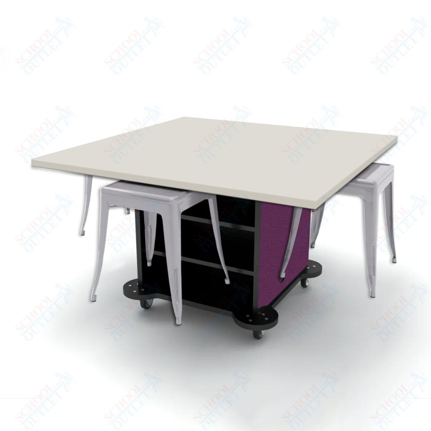 CEF Creation Cube Double-Sided Storage Table - 30"H, High-Pressure Laminate Base and Square Top - 4 Metal Stools Included