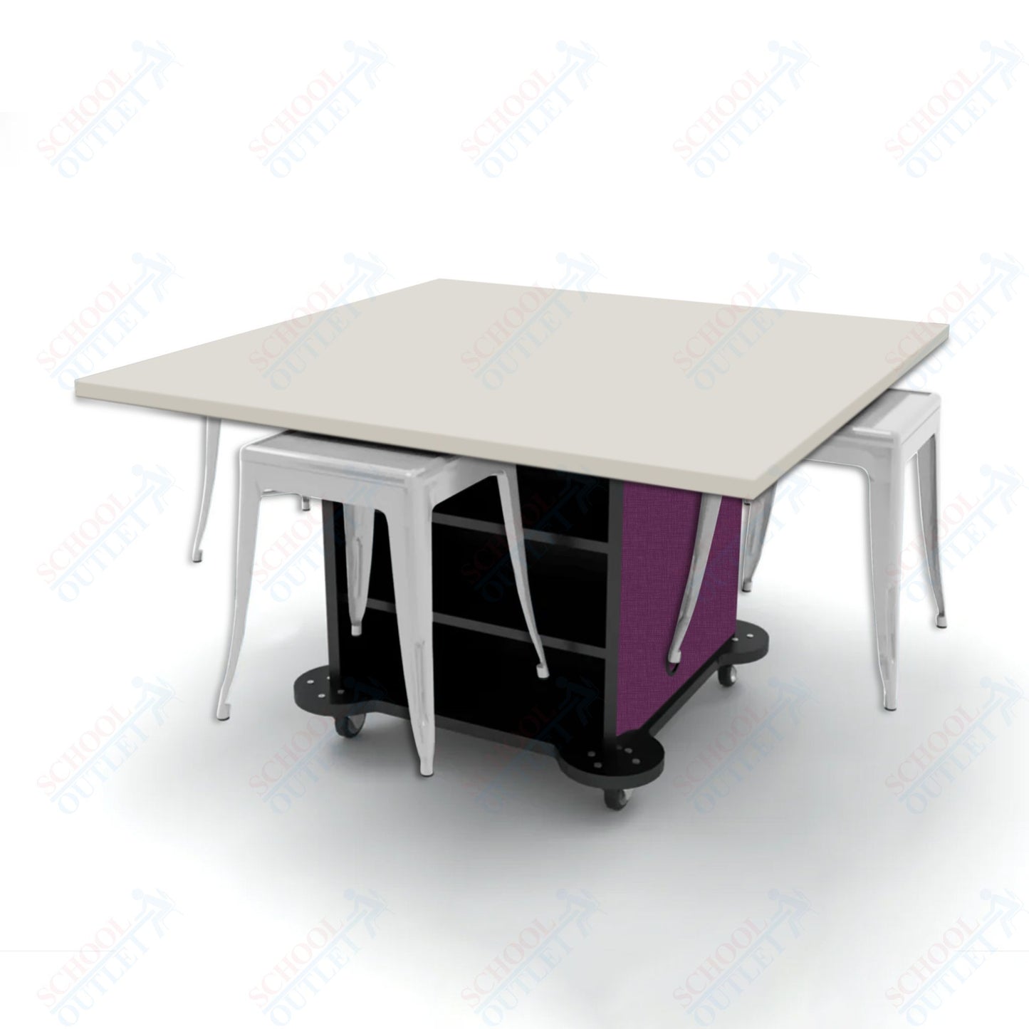 CEF Creation Cube Double-Sided Storage Table - 30"H, High-Pressure Laminate Base and Square Top - 4 Metal Stools Included