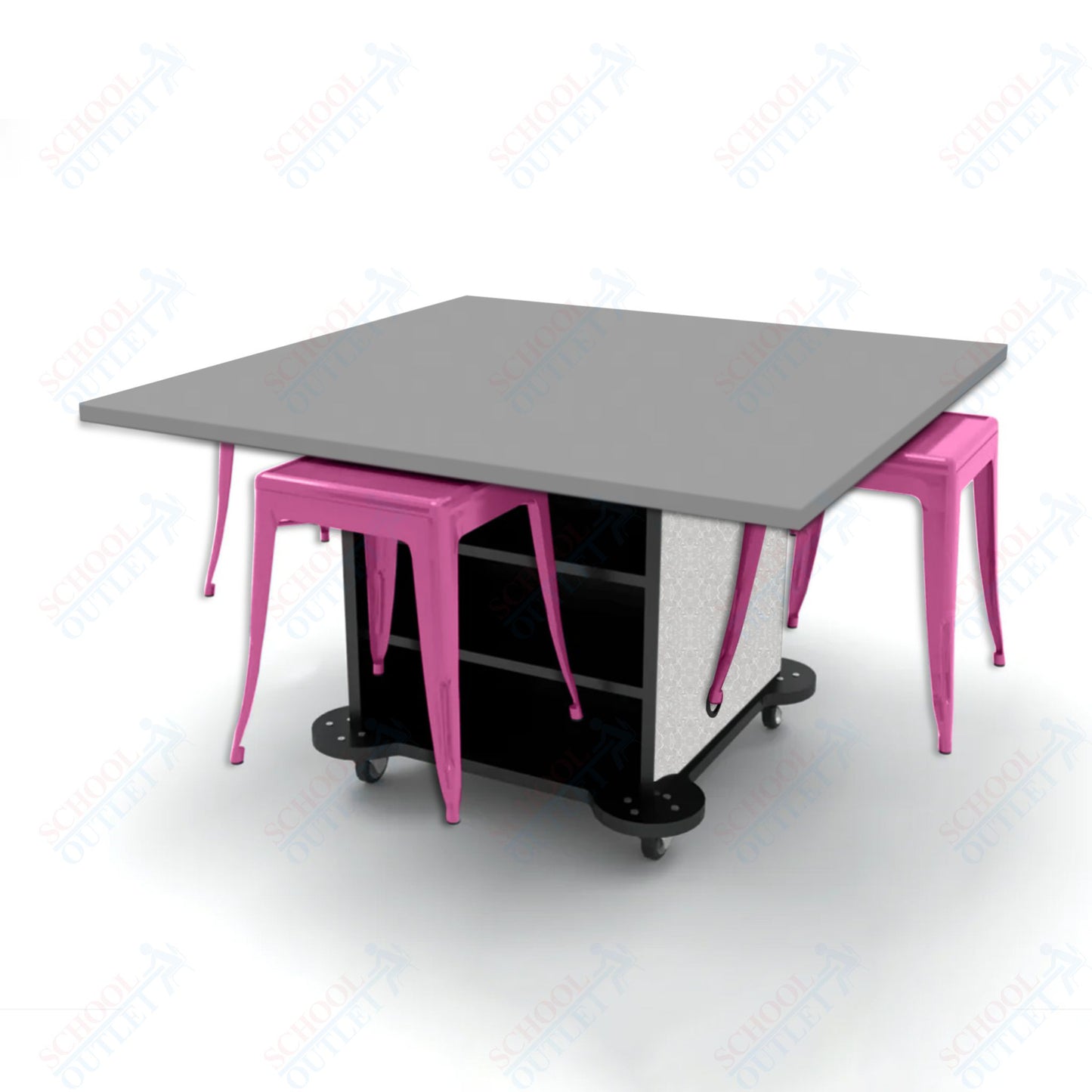 CEF Creation Cube Double-Sided Storage Table - 30"H, High-Pressure Laminate Base and Square Top - 4 Metal Stools Included