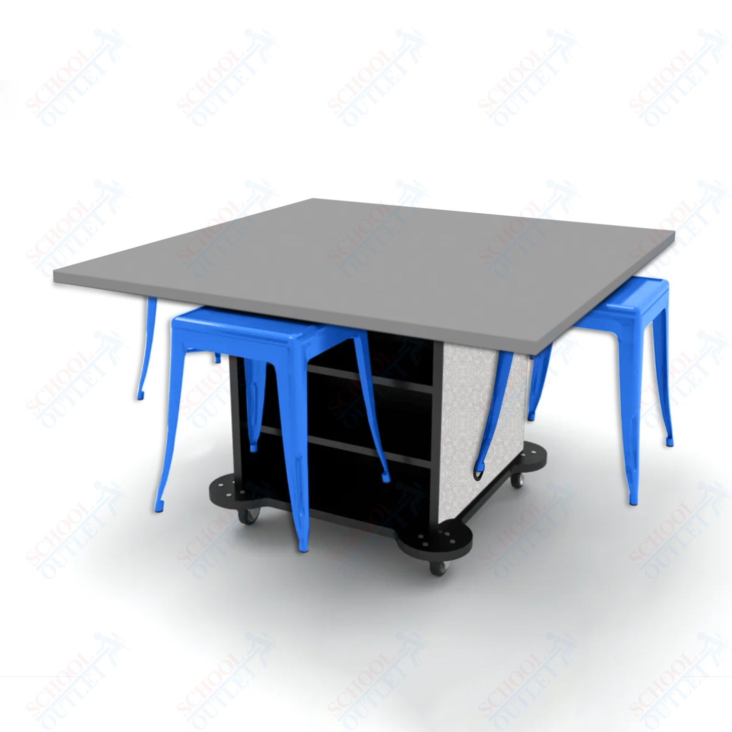 CEF Creation Cube Double-Sided Storage Table - 30"H, High-Pressure Laminate Base and Square Top - 4 Metal Stools Included