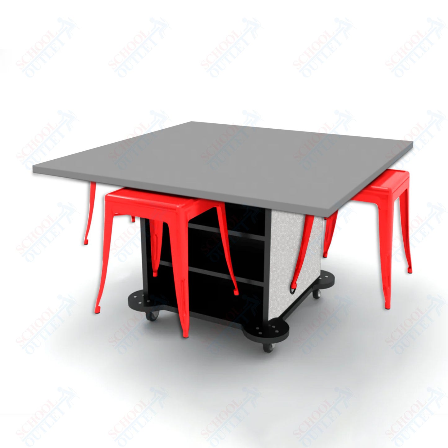 CEF Creation Cube Double-Sided Storage Table - 30"H, High-Pressure Laminate Base and Square Top - 4 Metal Stools Included