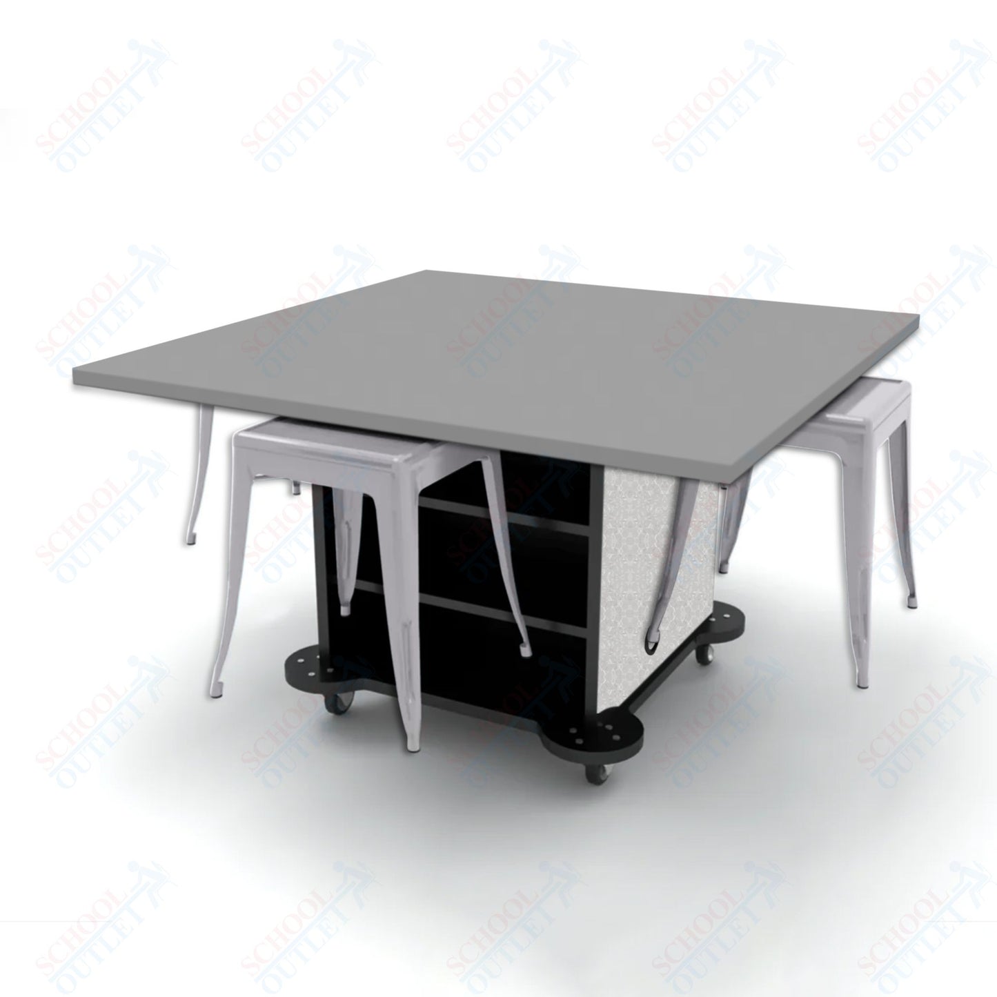 CEF Creation Cube Double-Sided Storage Table - 30"H, High-Pressure Laminate Base and Square Top - 4 Metal Stools Included