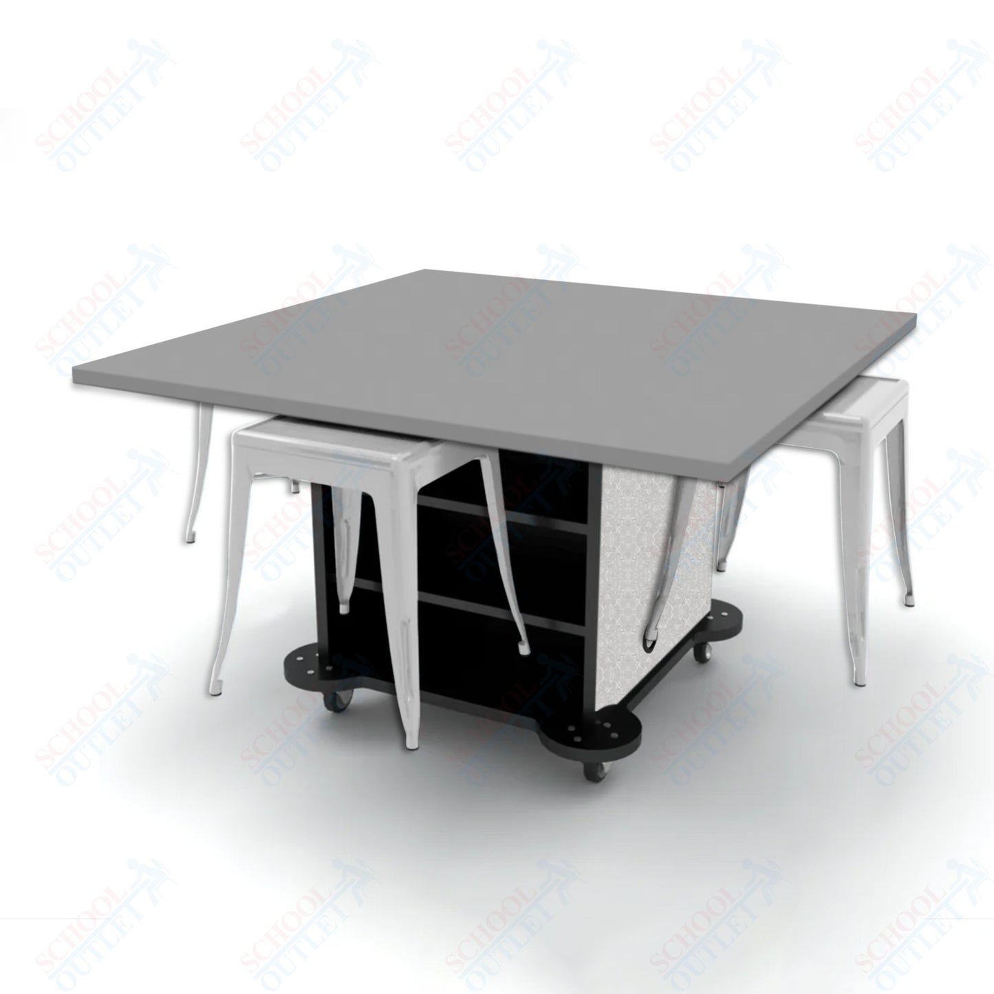 CEF Creation Cube Double-Sided Storage Table - 30"H, High-Pressure Laminate Base and Square Top - 4 Metal Stools Included