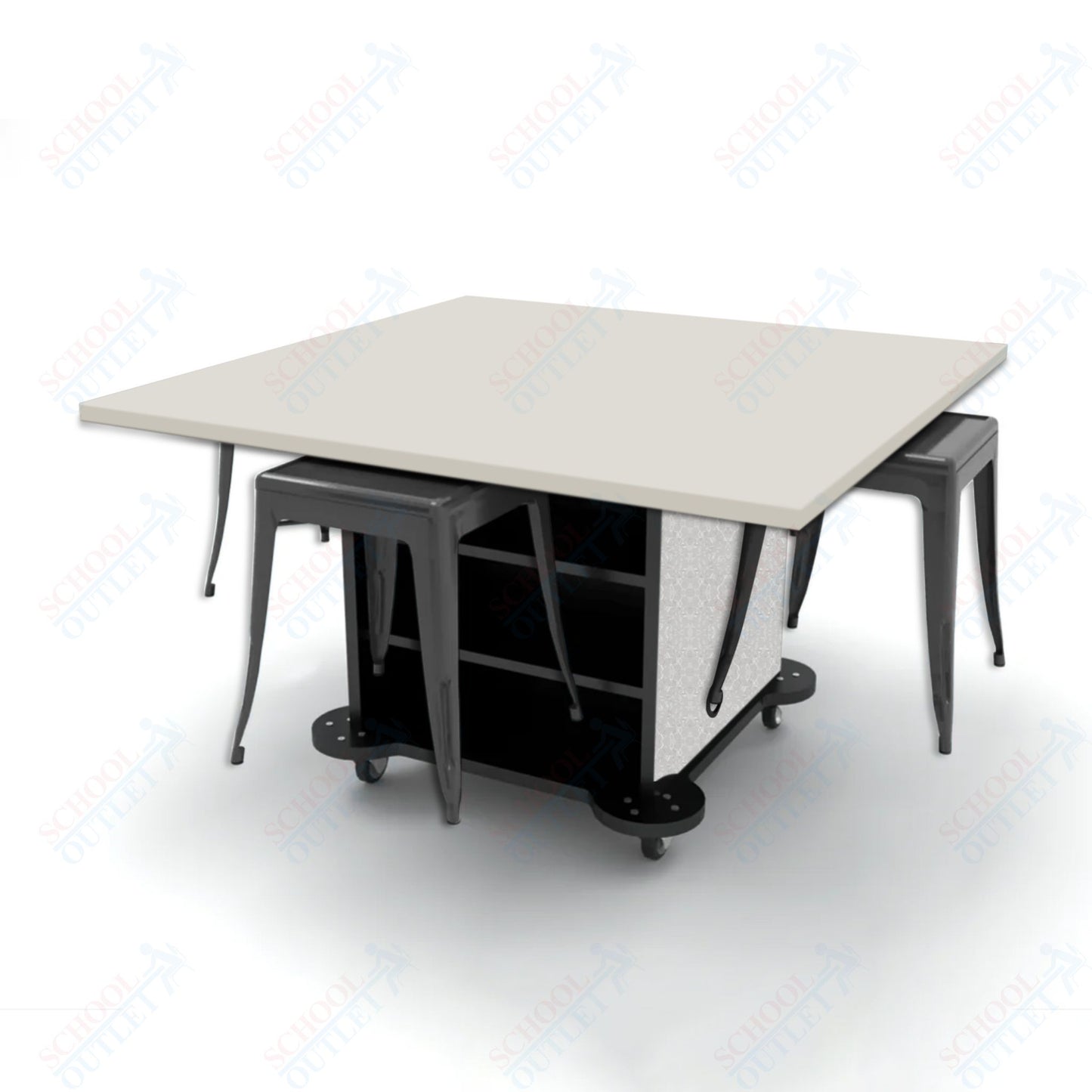 CEF Creation Cube Double-Sided Storage Table - 30"H, High-Pressure Laminate Base and Square Top - 4 Metal Stools Included