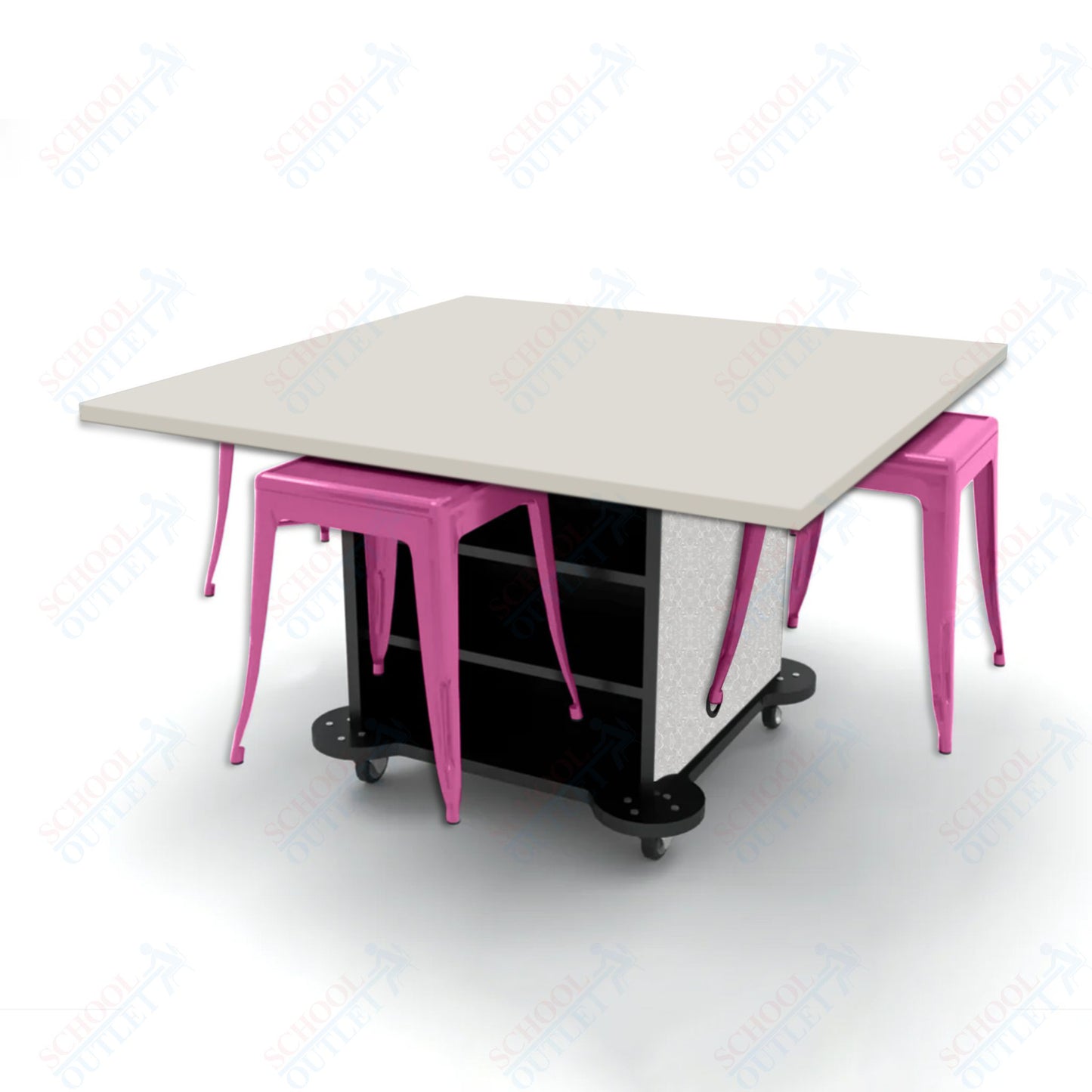 CEF Creation Cube Double-Sided Storage Table - 30"H, High-Pressure Laminate Base and Square Top - 4 Metal Stools Included