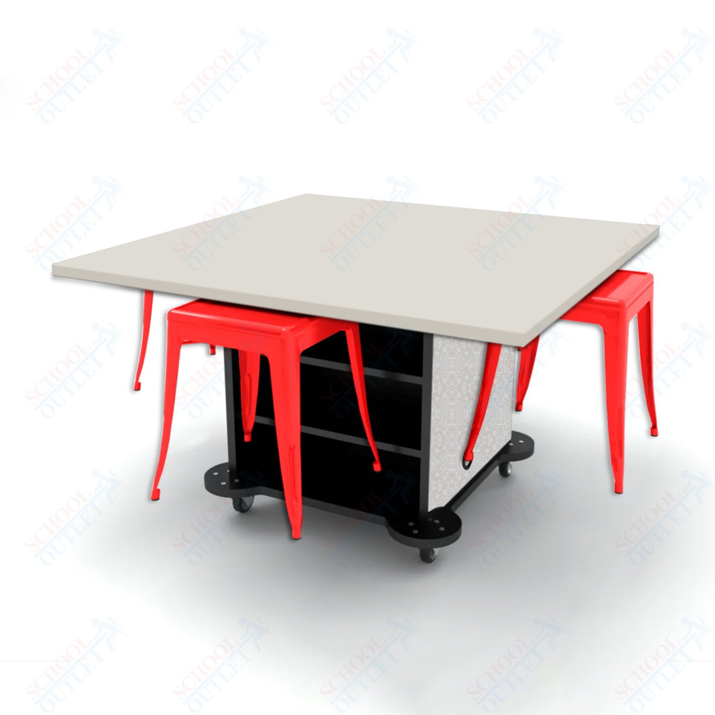 CEF Creation Cube Double-Sided Storage Table - 30"H, High-Pressure Laminate Base and Square Top - 4 Metal Stools Included
