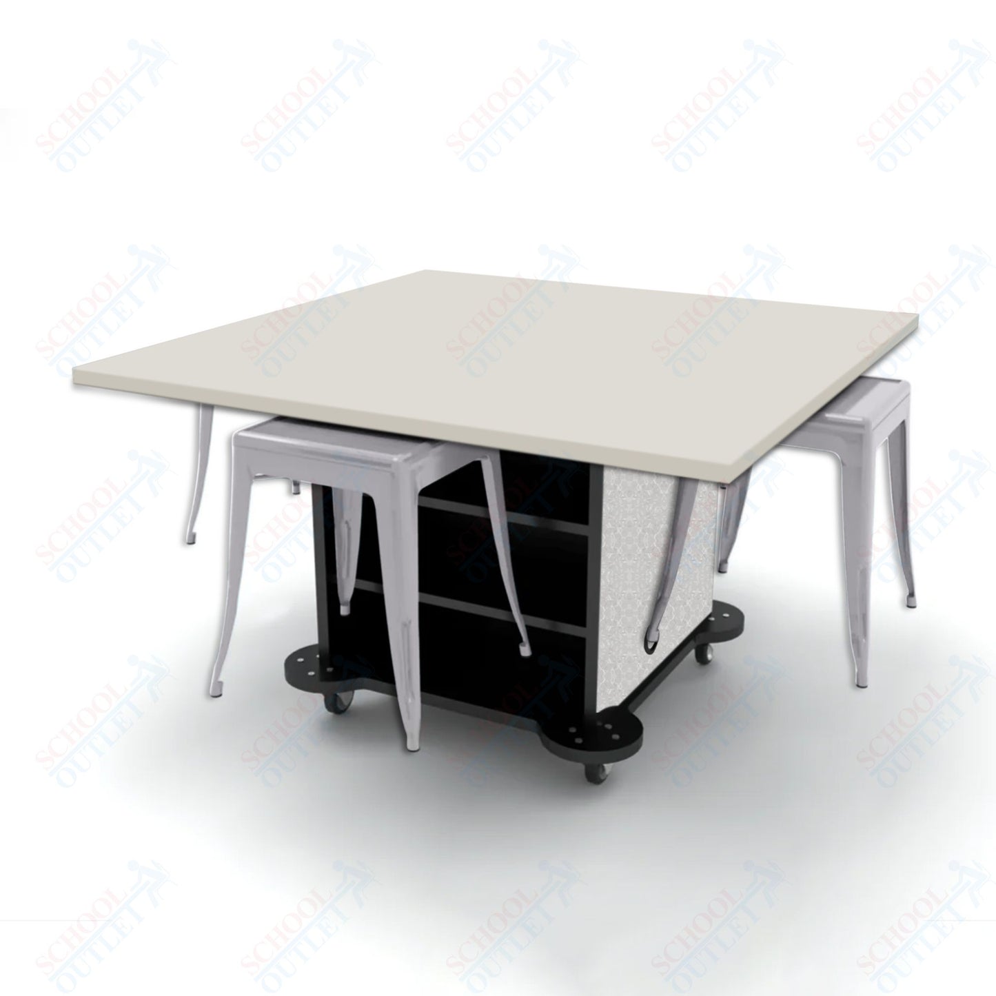 CEF Creation Cube Double-Sided Storage Table - 30"H, High-Pressure Laminate Base and Square Top - 4 Metal Stools Included