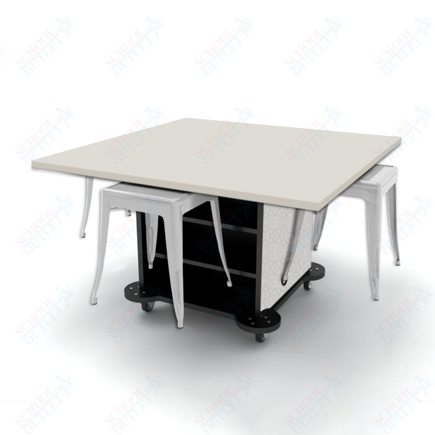CEF Creation Cube Double-Sided Storage Table - 30"H, High-Pressure Laminate Base and Square Top - 4 Metal Stools Included