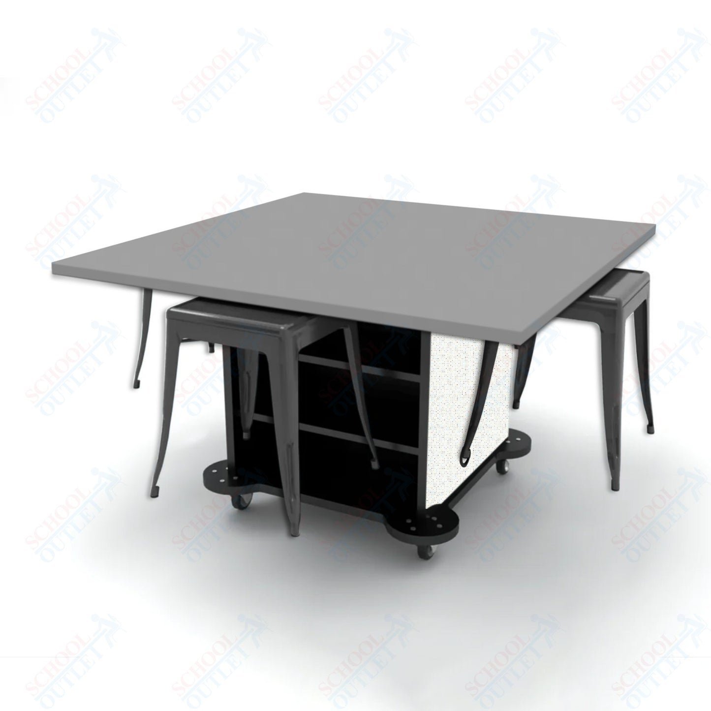 CEF Creation Cube Double-Sided Storage Table - 30"H, High-Pressure Laminate Base and Square Top - 4 Metal Stools Included