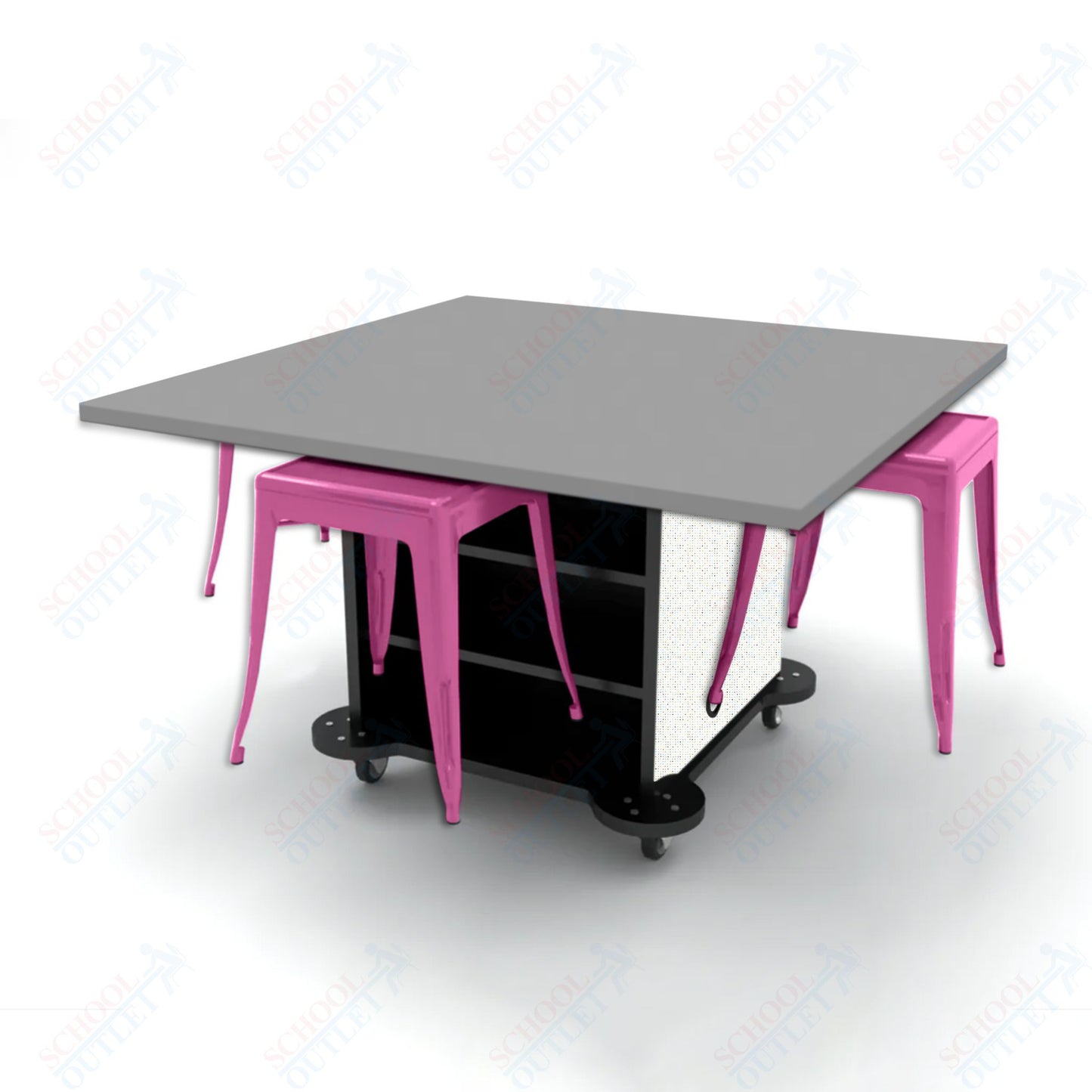 CEF Creation Cube Double-Sided Storage Table - 30"H, High-Pressure Laminate Base and Square Top - 4 Metal Stools Included