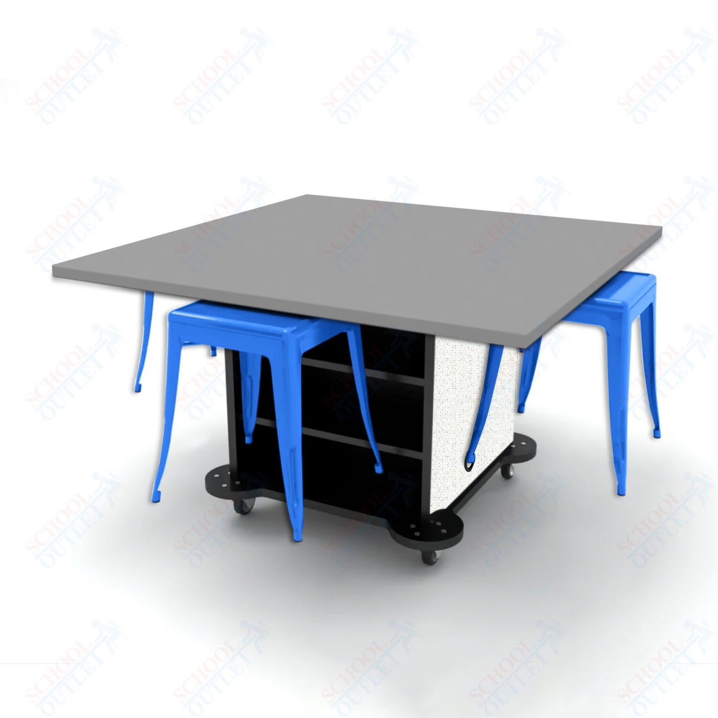 CEF Creation Cube Double-Sided Storage Table - 30"H, High-Pressure Laminate Base and Square Top - 4 Metal Stools Included