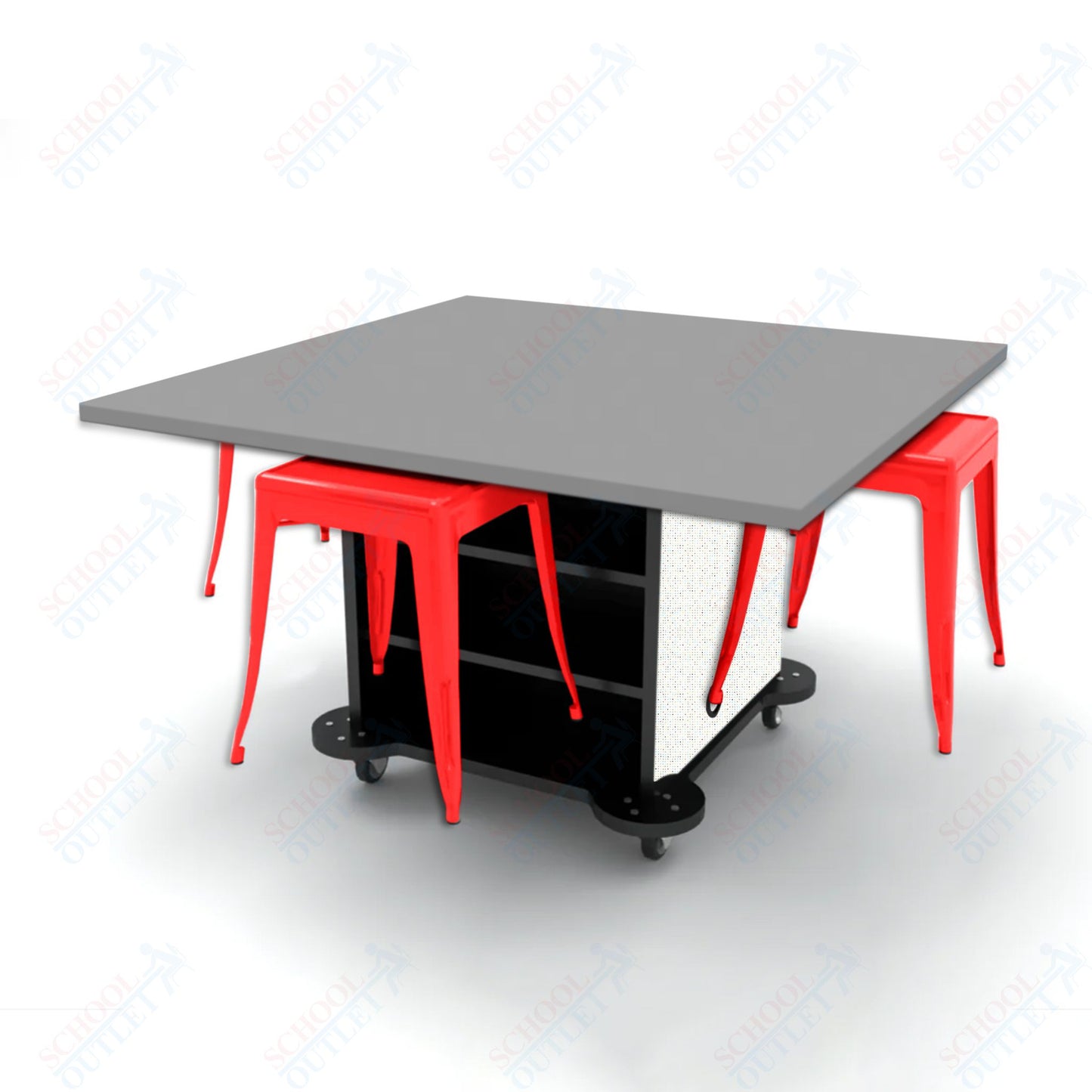 CEF Creation Cube Double-Sided Storage Table - 30"H, High-Pressure Laminate Base and Square Top - 4 Metal Stools Included