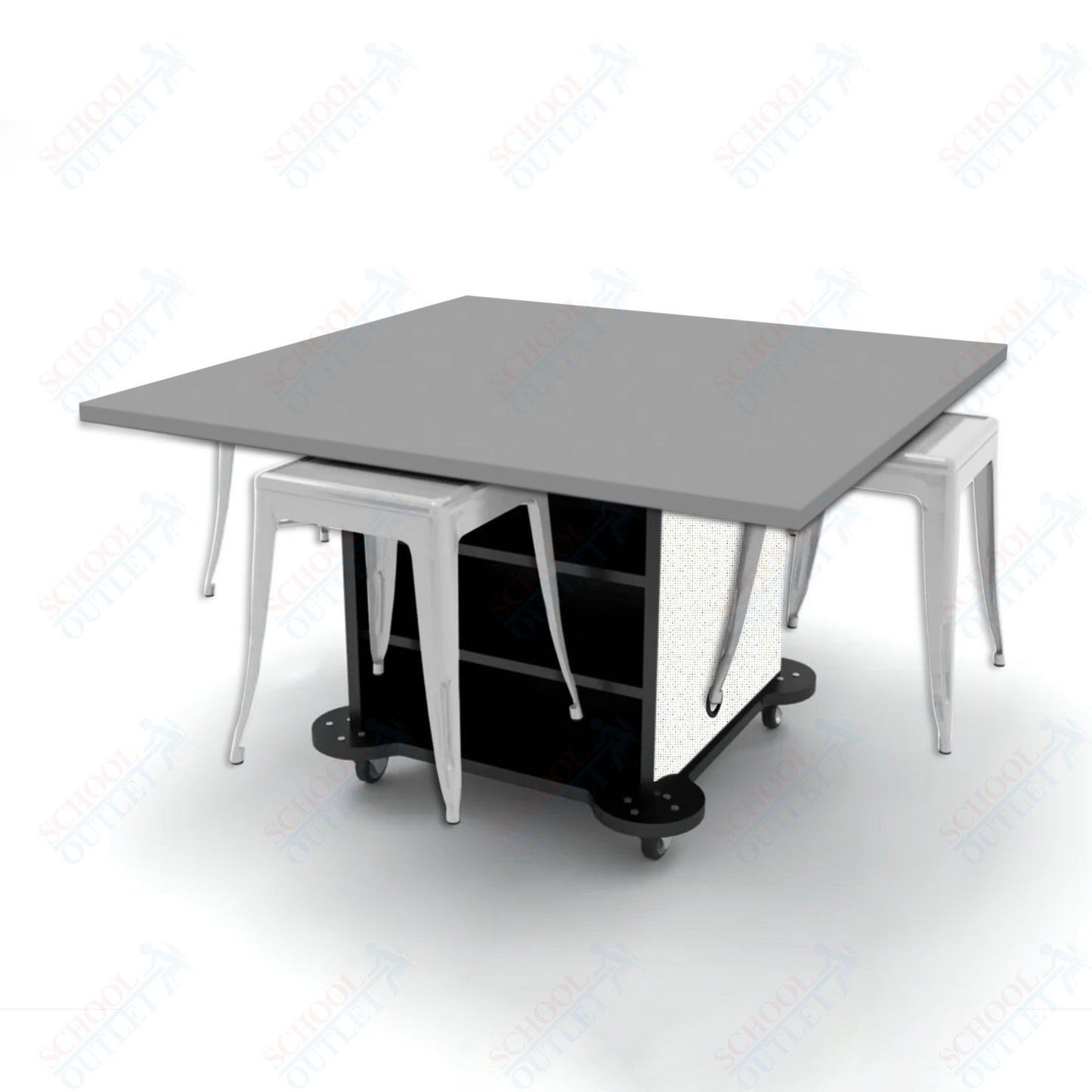 CEF Creation Cube Double-Sided Storage Table - 30"H, High-Pressure Laminate Base and Square Top - 4 Metal Stools Included